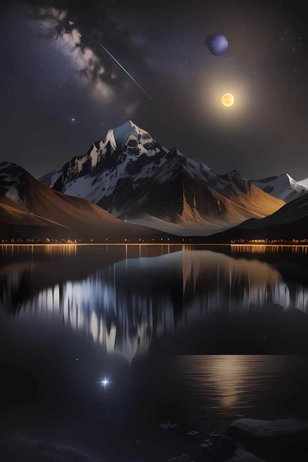A clear night full of stars。brightly，extreme light，Milky Way，A giant moon behind the mountains。A tranquil lake reflects the night。realistic scene，the detail，Photorealistic photorealism，8k