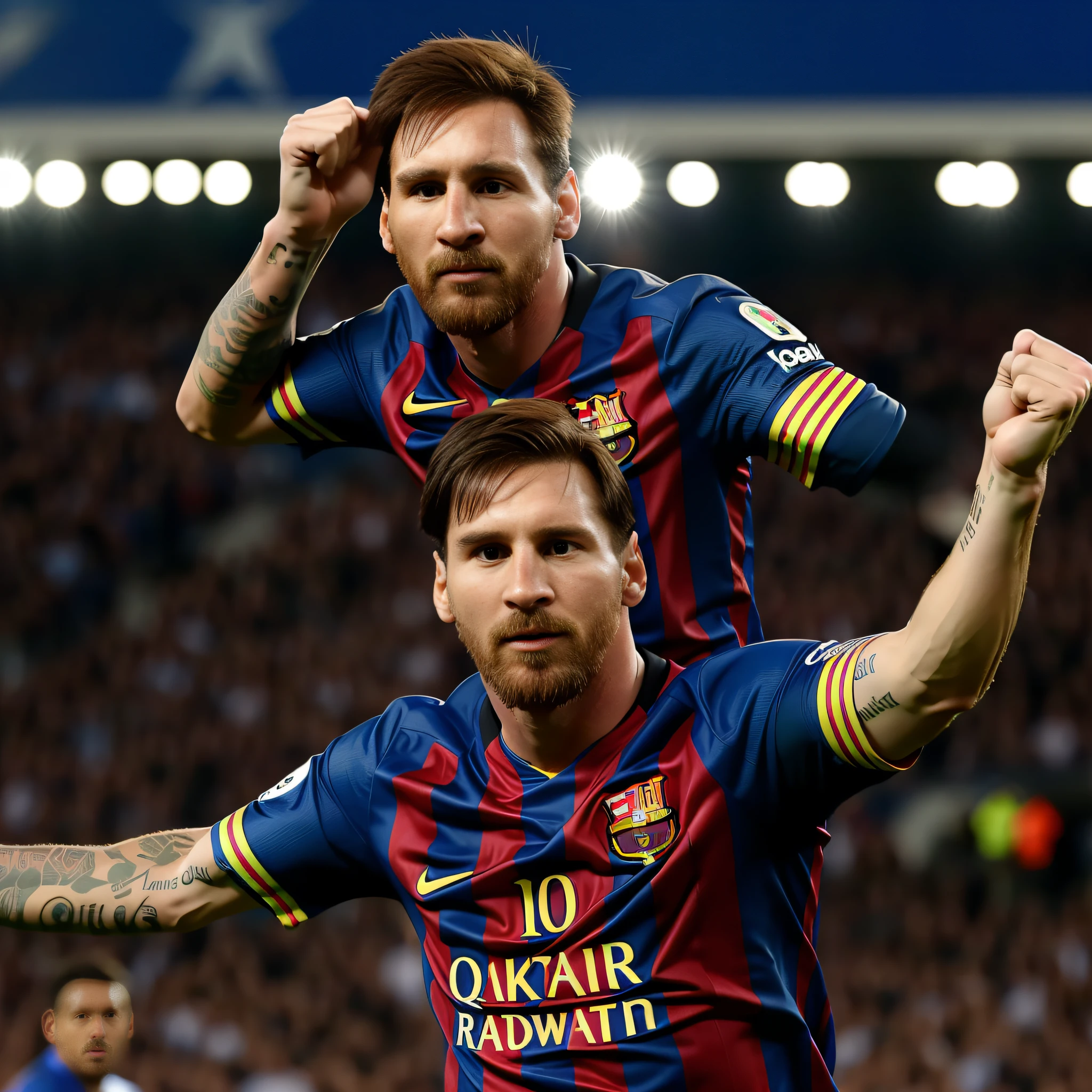 Lionel Messi celebrates on the football field，Look at the camera，Wear an Argentine jersey，Realistis，Realiy，Handsome，Celebrate the action