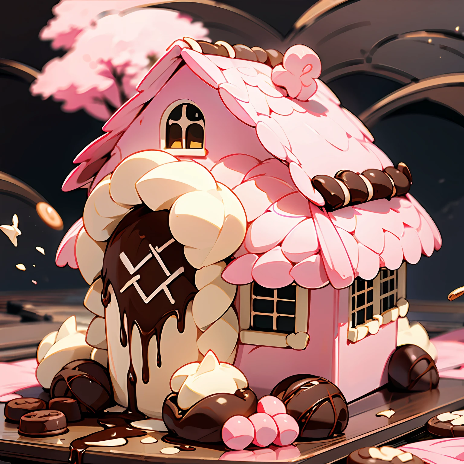 Chocolate cookies spell out the candy house，The roof is decorated with round sweets，Pink trees nearby，There are different types of desserts on the ground，Pink predominantly