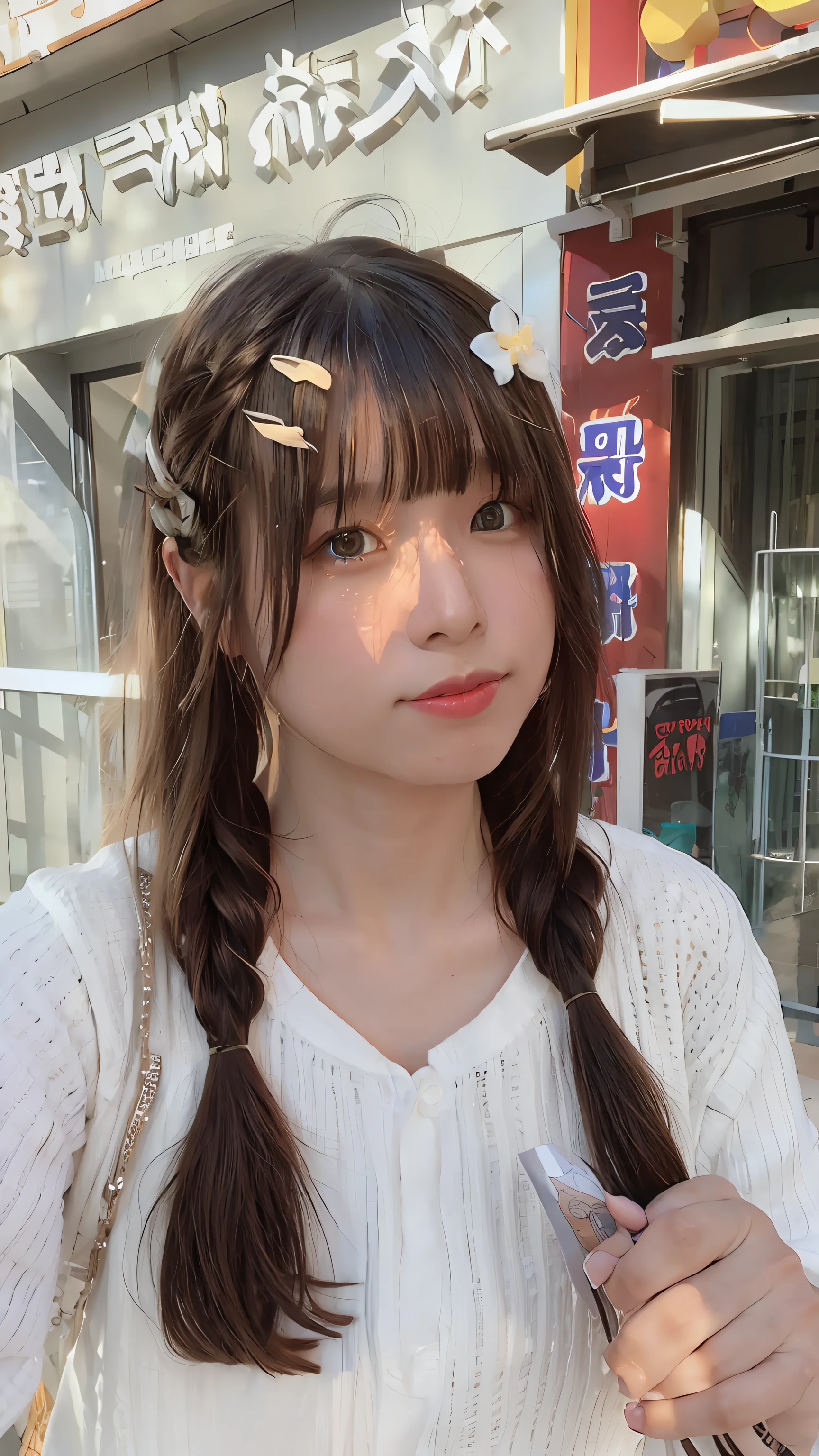 Araved woman with long hair and hair flowers, Twin tail hairstyle, braid hairstyle, two pigtails hairstyle, ulzzangs, brown  hair，By bangs, tidy hair，By bangs, brown hair and bangs, Brown hair long，By bangs, kawaii hair style, With long hair, sakimichan, chiho, Long hair with bangs