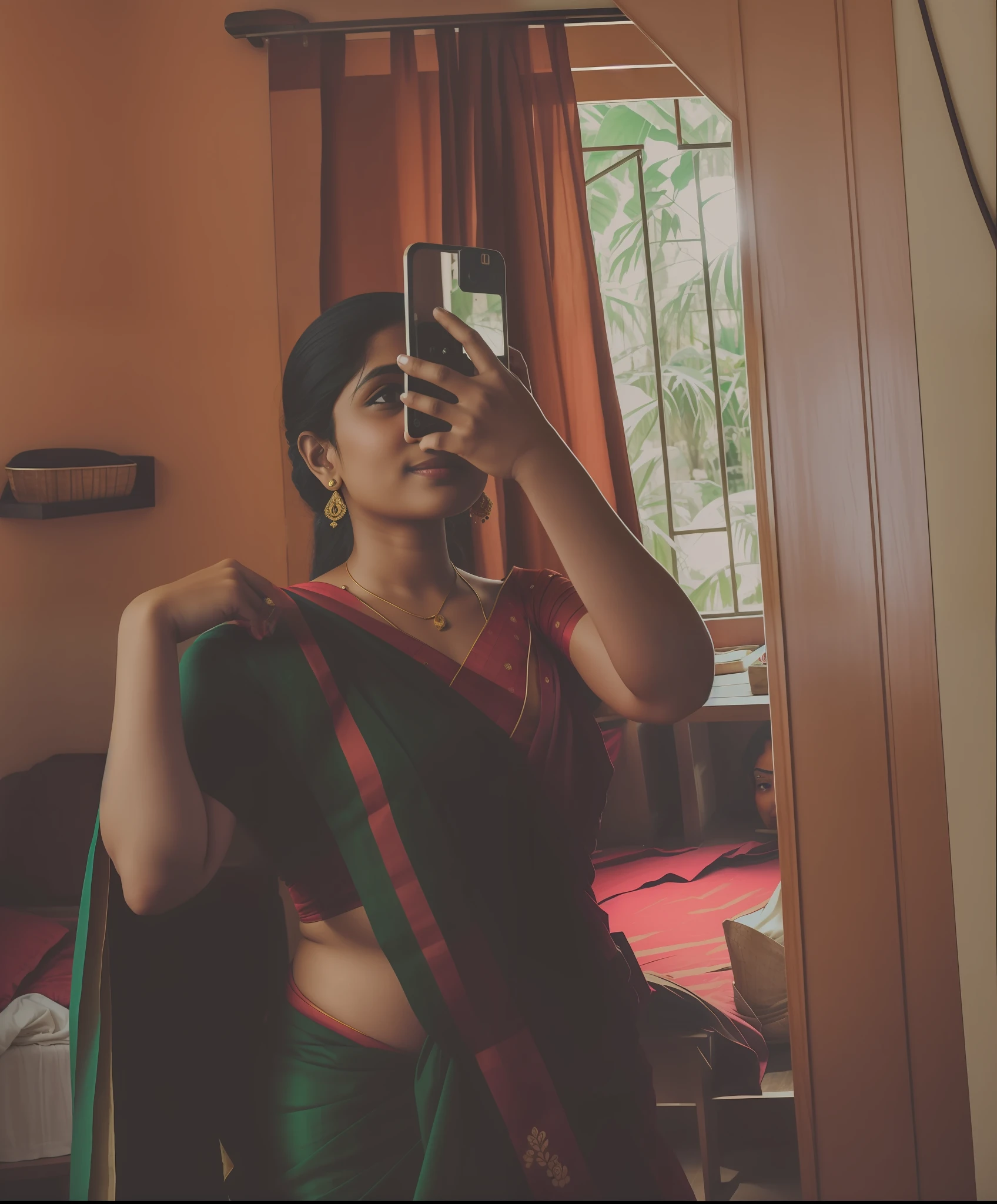 there is a woman taking a picture of herself in a mirror, assamese aesthetic, candid picture, dressed in a sari, wearing a sari, wearing sari, candid photo, with a mirror, traditional beauty, candid photography, candid photography, low quality photograph, hot figure,