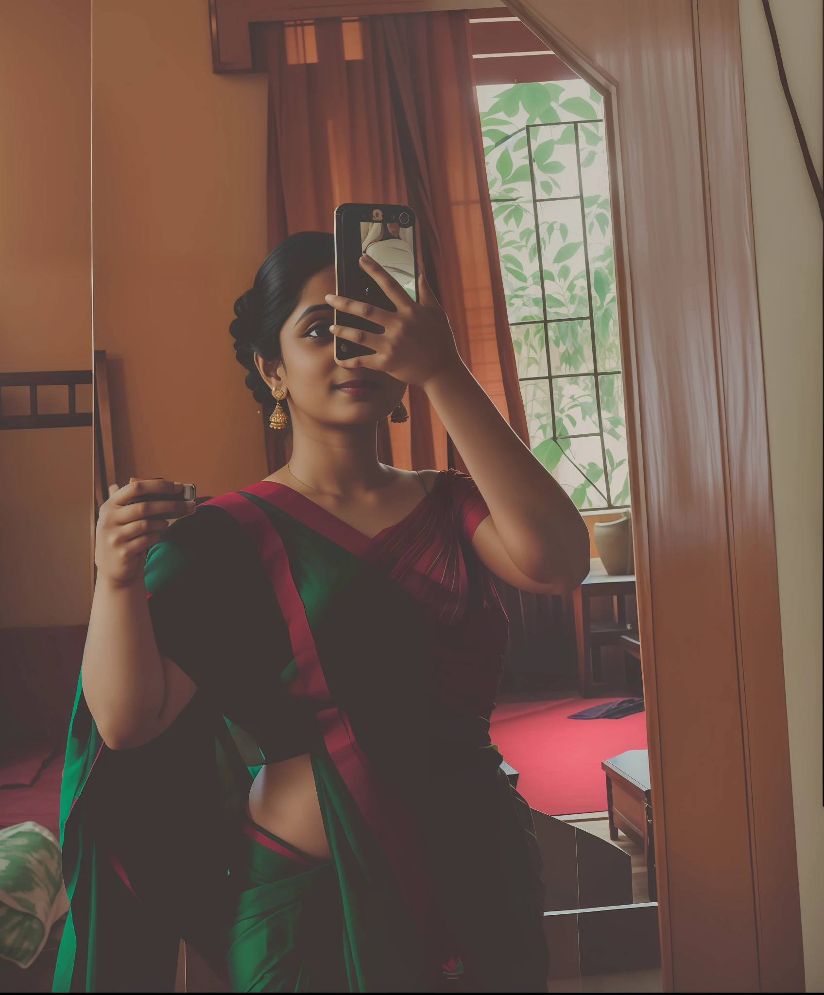 there is a woman taking a picture of herself in a mirror, assamese aesthetic, candid picture, dressed in a sari, wearing a sari, wearing sari, candid photo, with a mirror, traditional beauty, candid photography, candid photography,  low quality photograph, hot figure,