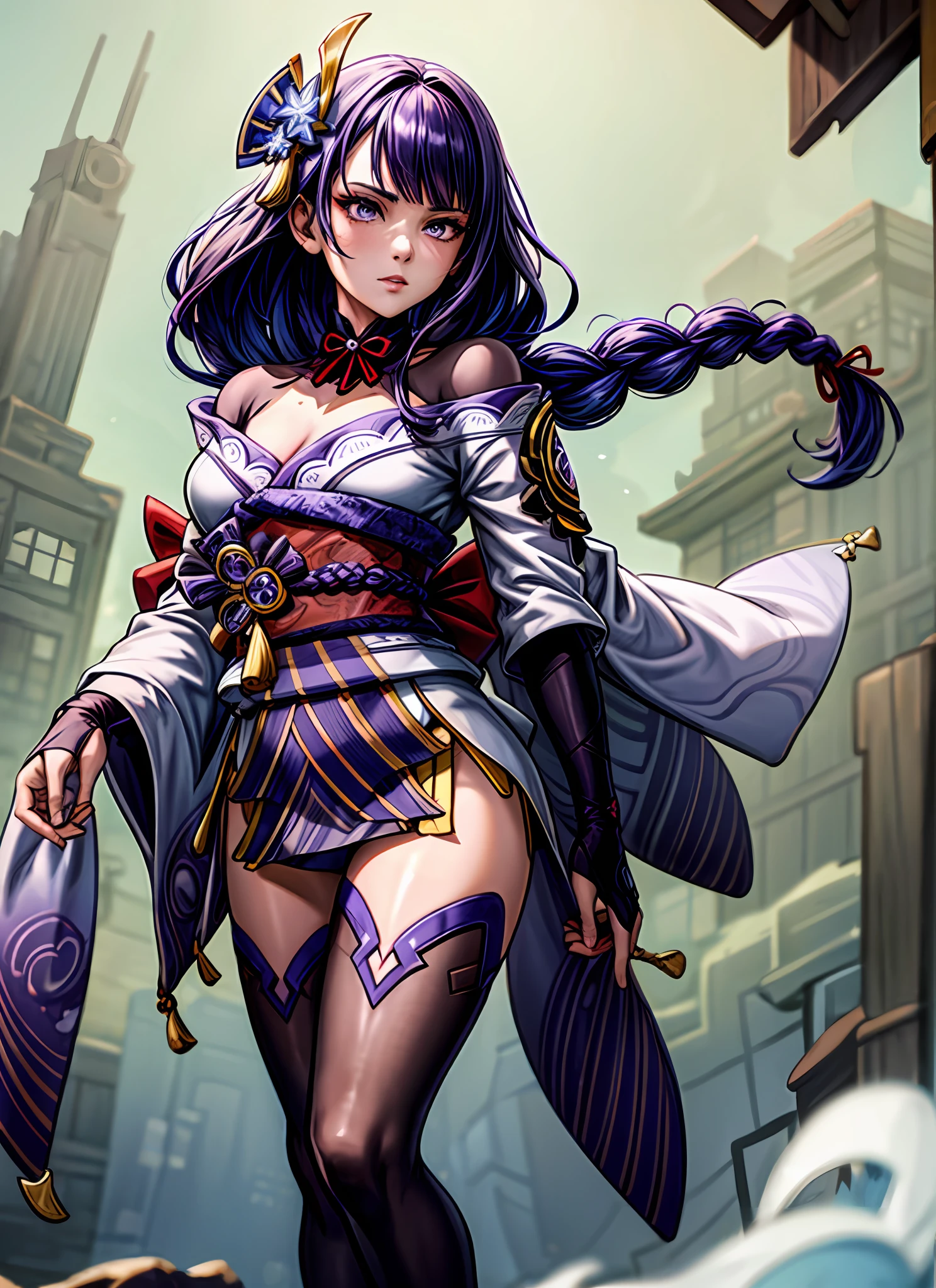 (Masterpiece,Best quality, 8K ,art stations,the wallpaper,offcial art, Splash Art,tack sharp focus,1 masterpiece, Best quality),(full bodyesbian),Raiden Shogun (Genshin Impact), Long hair with purple braids, 1 girl solo, Slim little kimono,Purple stockings,The clothes slipped off the shoulders, floating object,复杂,ellegance,Japanese torii background,(anatomy correct,beauitful face,Solo exhibition)