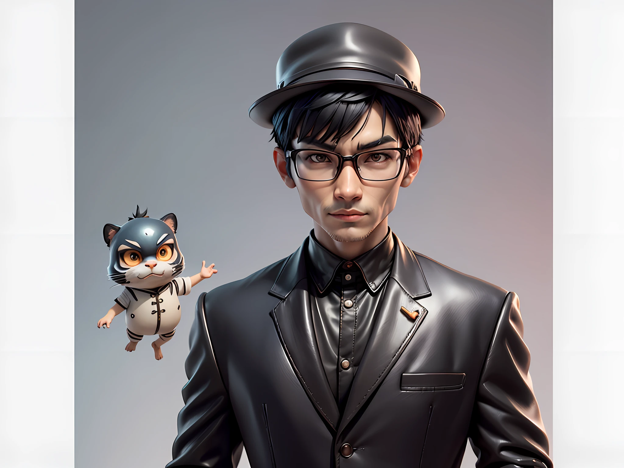 Young man with oriental face in leather hat, tiger, oriental face in formal suit, short black hair, silver glasses, digital painting, 3D character design by Mark Clairedon and Pixar and Hayao Miyazaki and Akira Toriyama, the illustration is a high-definition illustration in 4K resolution with very detailed facial features and cartoon-style visuals.