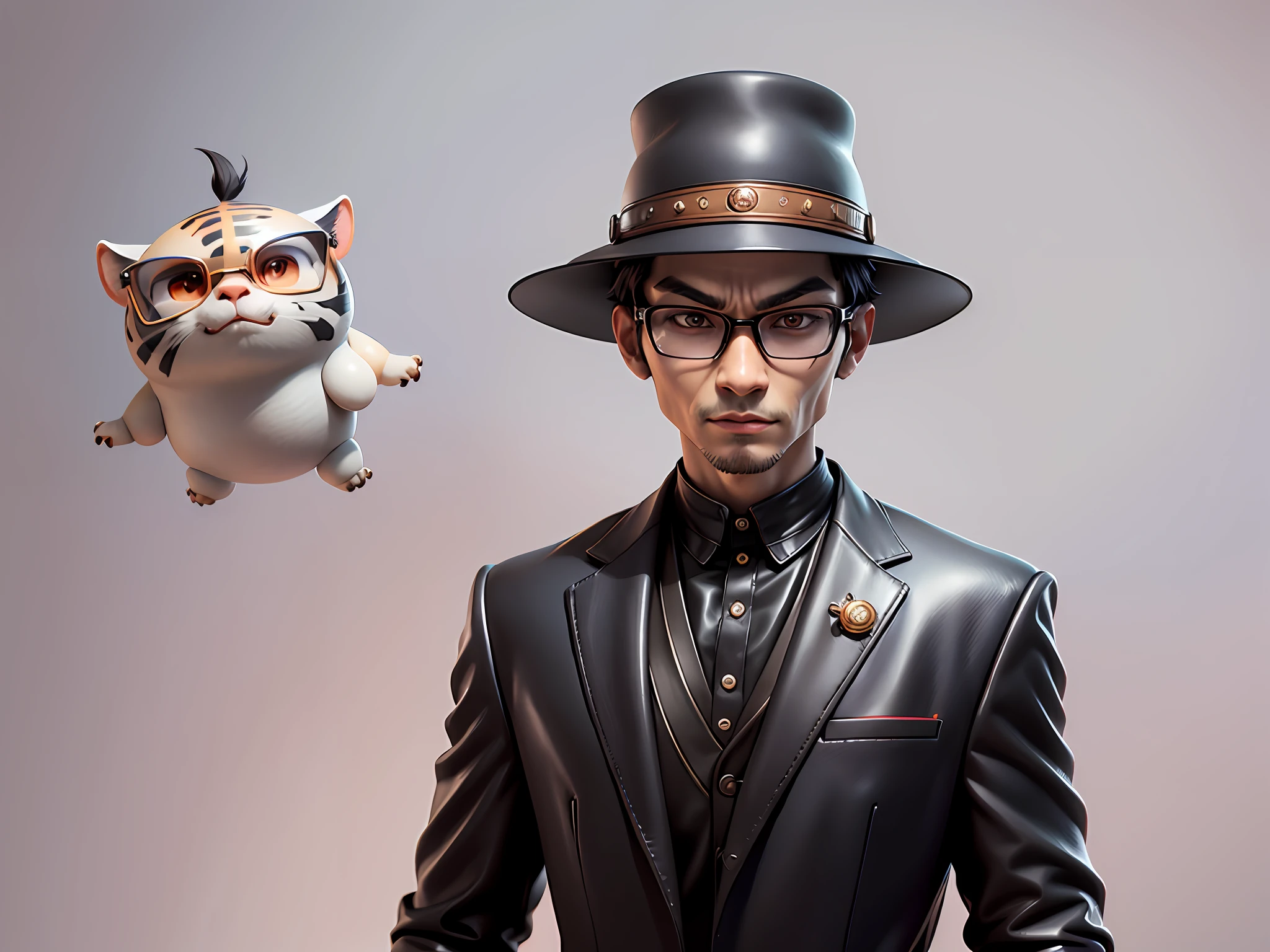 Young man with oriental face in leather hat, tiger, oriental face in formal suit, short black hair, silver glasses, digital painting, 3D character design by Mark Clairedon and Pixar and Hayao Miyazaki and Akira Toriyama, the illustration is a high-definition illustration in 4K resolution with very detailed facial features and cartoon-style visuals.