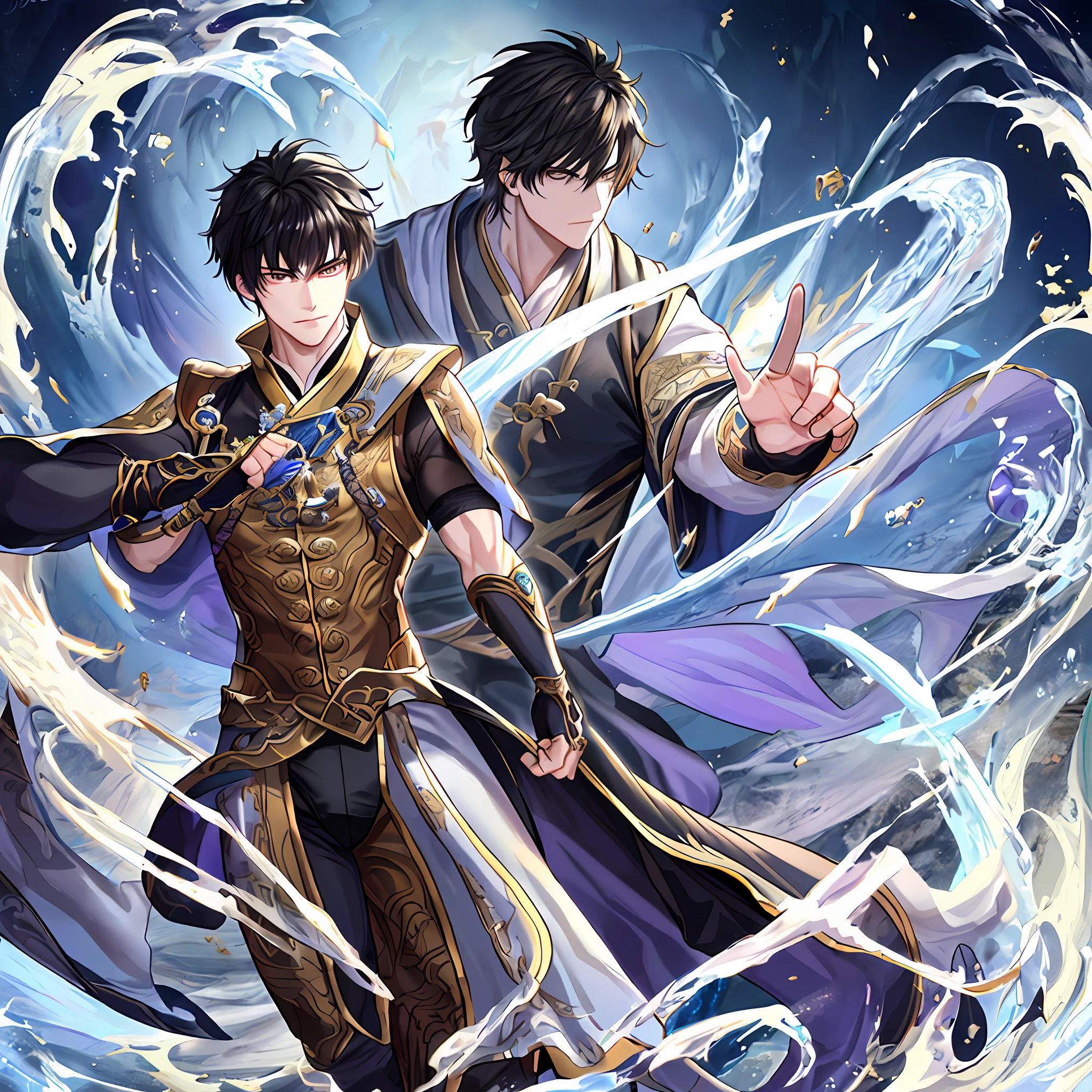 Best quality, masterpiece, super high resolution, hanfu, jade water book, black hair, water, waves, crashing waves, spells, fa gong, (absurd, high resolution, super detailed), Asian, 1 male, eighteen-year-old boy, handsome, tall muscular man, broad shoulders, very short hair, bottom cut, dark brown eyes, fine eyes and detailed face, extremely detailed CG Unity 8k wallpaper, intricate details, (Style Swirl Magic: 0.7), Looking at the Audience, Solo, (Full Body: 0.6), Detailed Background, Detailed Face, (European Medieval Fantasy Theme: 1.1), Hair Fluttering in the Wind, Martial Artist, Dynamic Pose, Fighting Stance, Clenched Fists, Fingerless Gauntlet, Wristband, Dragon-themed Costume, Monk Robe, , Rotating Floating Particles, Dynamic Composition, Upper Body Naked, Big Muscles, White Rubber Pants, ((((crotch bulge))))