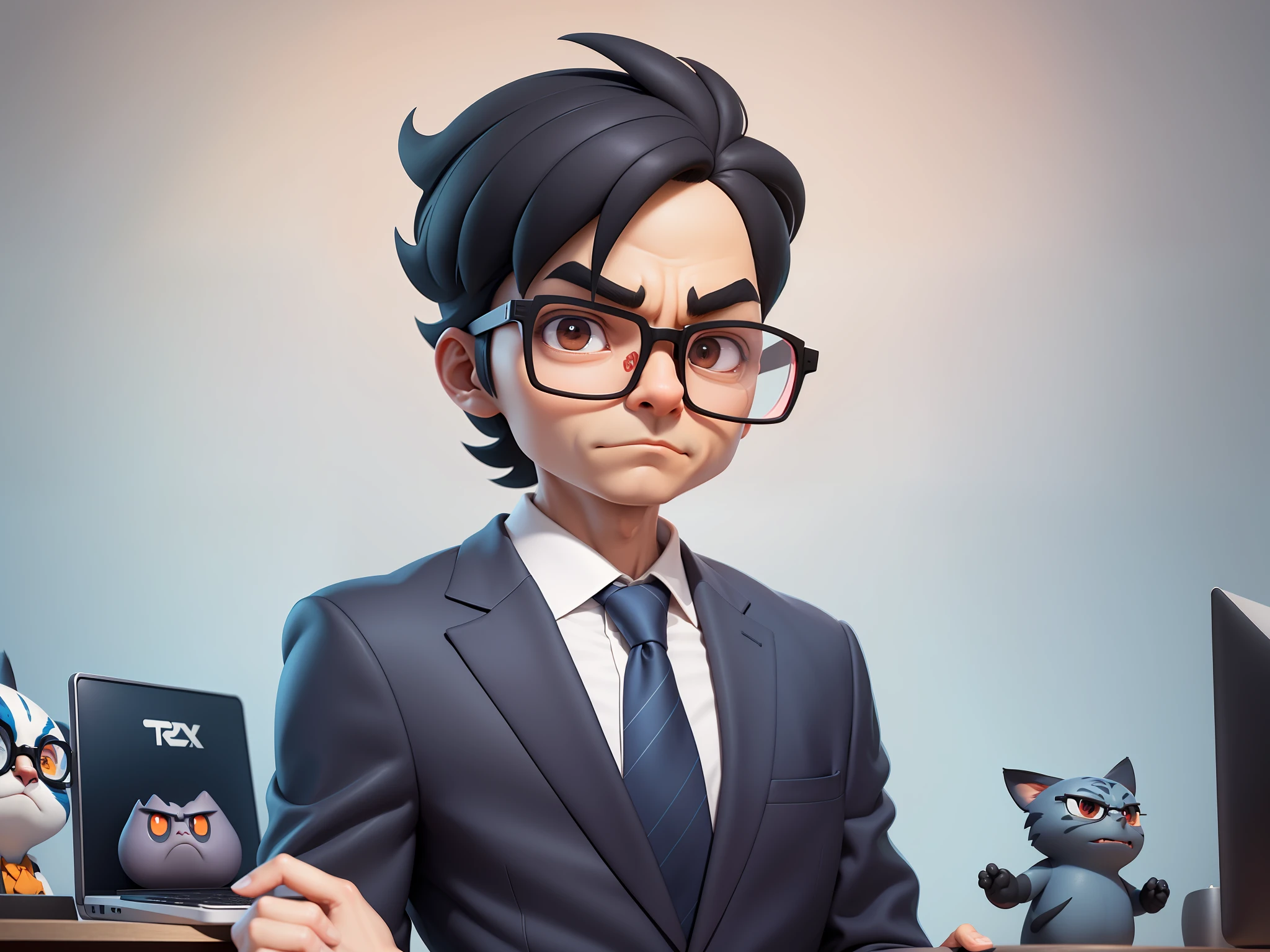 A young man in a suit, Short hair and glasses sat at his desk，holding laptop，digitial painting，tigre，3D character design by Mark Clairen and Pixar and Hayao Miyazaki and Akira Toriyama，4K HD illustration，Very detailed facial features and cartoon-style visuals。