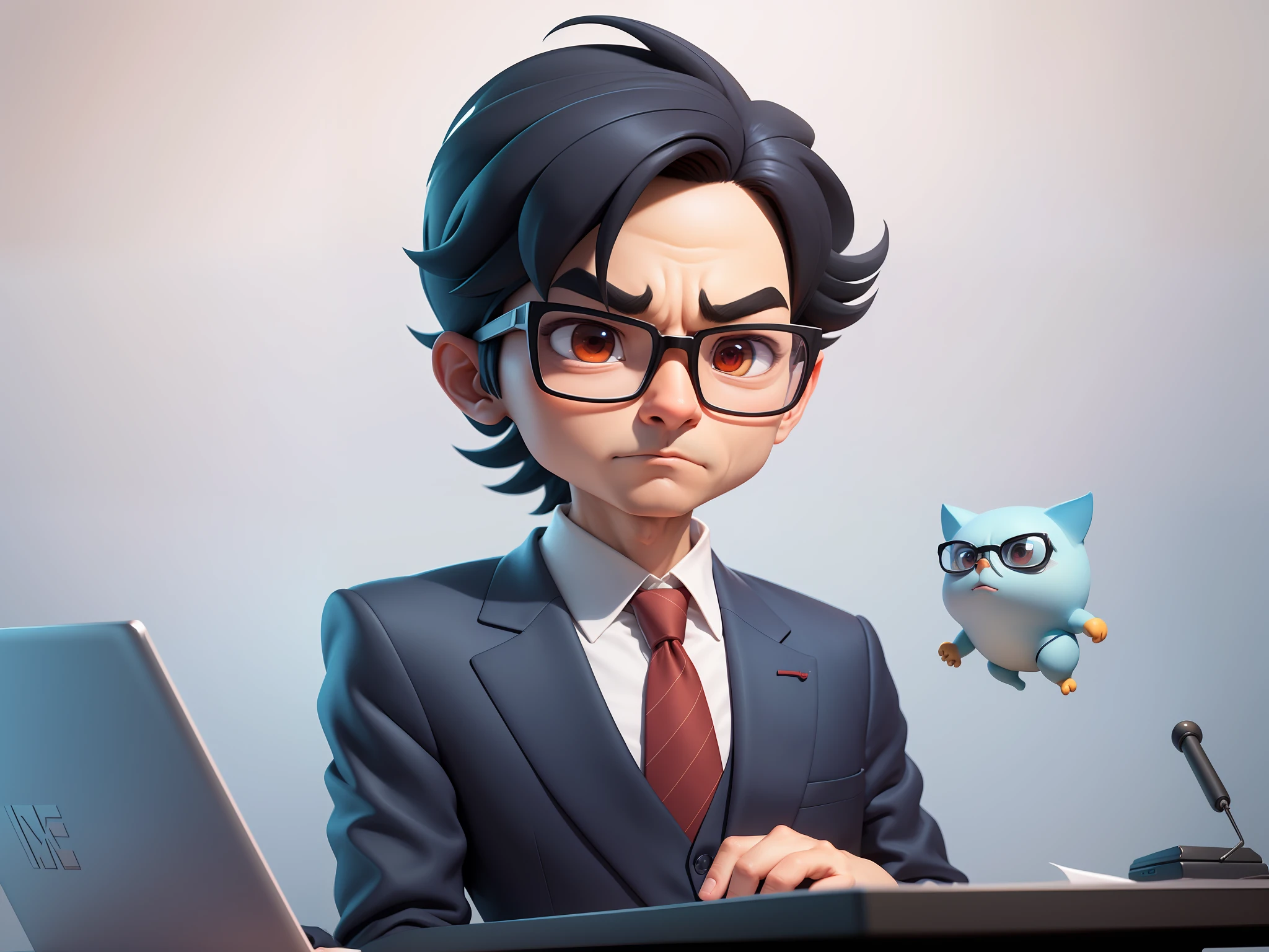 A young man in a suit, Short hair and glasses sat at his desk,holding laptop,digitial painting,tigre,3D character design by Mark Clairen and Pixar and Hayao Miyazaki and Akira Toriyama,4K HD illustration,Very detailed facial features and cartoon-style visuals。