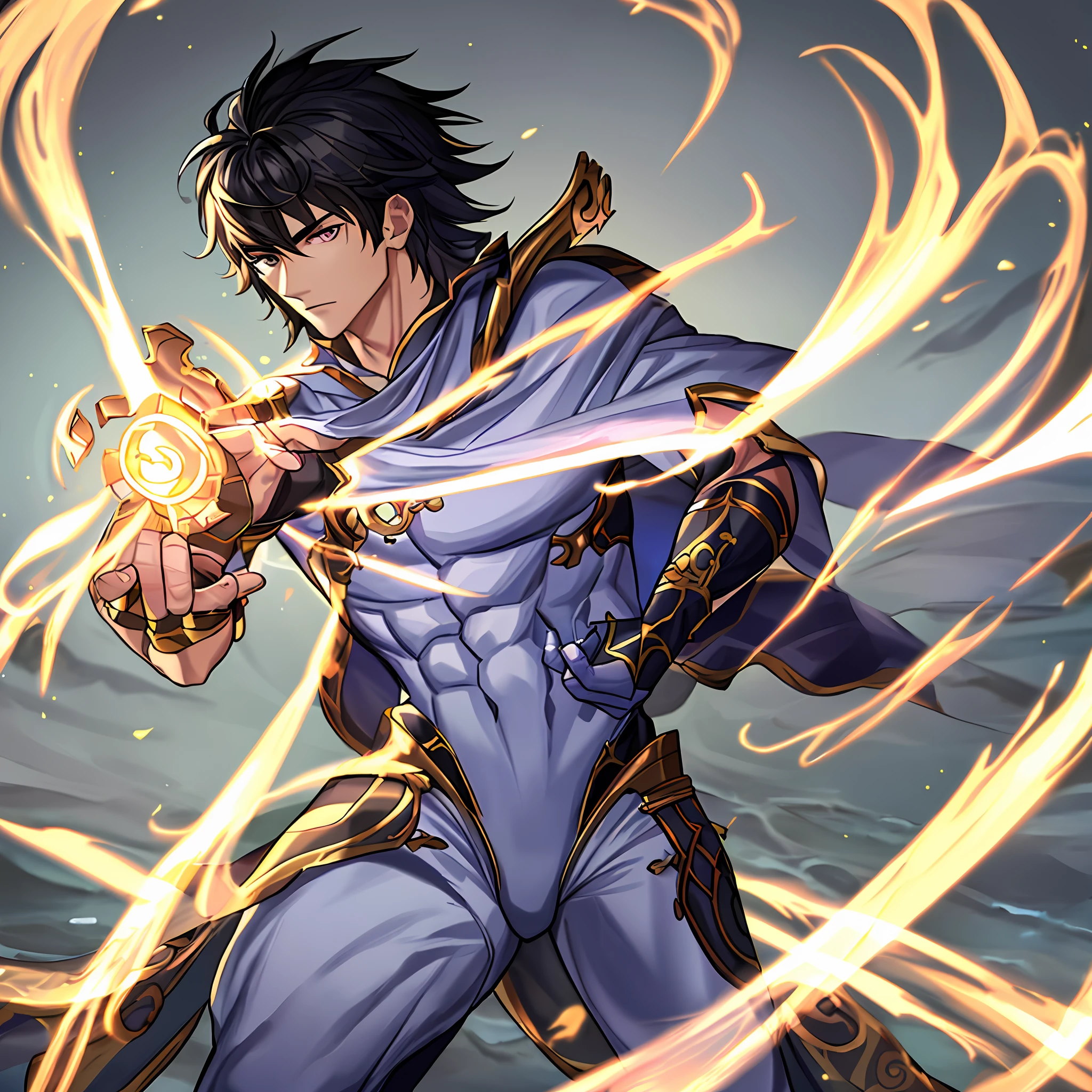 Best quality, masterpiece, super high resolution, hanfu, jade water book, black hair, water, waves, crashing waves, spells, fa gong, (absurd, high resolution, super detailed), Asian, 1 male, eighteen-year-old boy, handsome, tall muscular man, broad shoulders, very short hair, bottom cut, dark brown eyes, fine eyes and detailed face, extremely detailed CG Unity 8k wallpaper, intricate details, (Style Swirl Magic: 0.7), Looking at the Audience, Solo, (Full Body: 0.6), Detailed Background, Detailed Face, (European Medieval Fantasy Theme: 1.1), Hair Fluttering in the Wind, Martial Artist, Dynamic Pose, Fighting Stance, Clenched Fists, Fingerless Gauntlet, Wristband, Dragon-themed Costume, Monk Robe, , Rotating Floating Particles, Dynamic Composition, Upper Body Naked, Big Muscles, White Rubber Pants, ((((crotch bulge))))