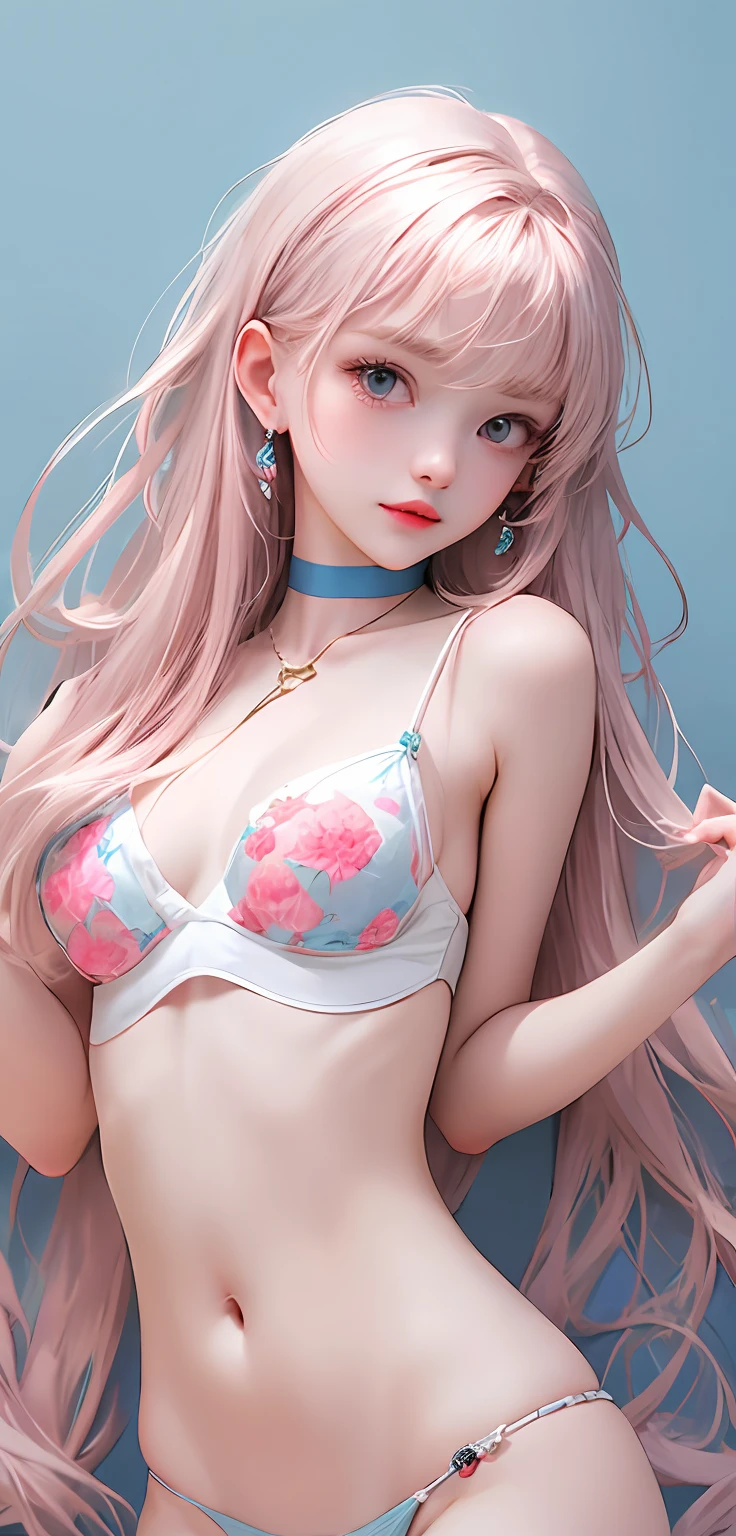 Light blue and pink color scheme,Sexy girl nipple,little body,Petite,White curly hair