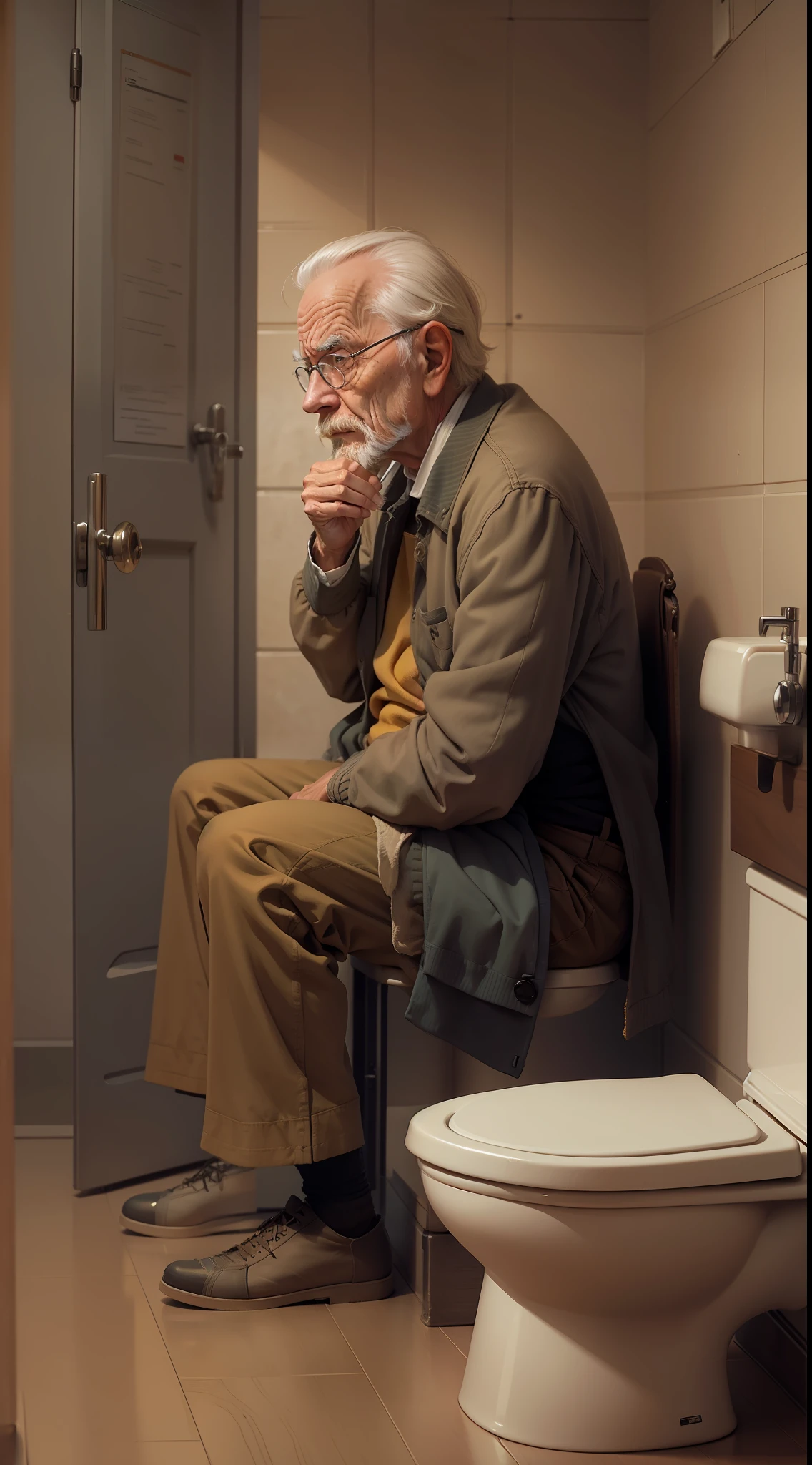 "a pensive old man seated on a toilet, with a contemplative expression"