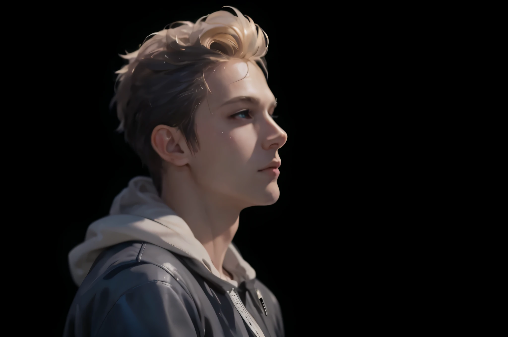 blond boy,The hoodie looks up at things, Guviz-style artwork, realistic art style, made with anime painter studio, drawn in anime painter studio, inspired by Yanjun Cheng, #1 digital paintting of all time, # 1 digital paintting of all time, low details. Digital painting, realism art style, anime realism style, high quality portrait