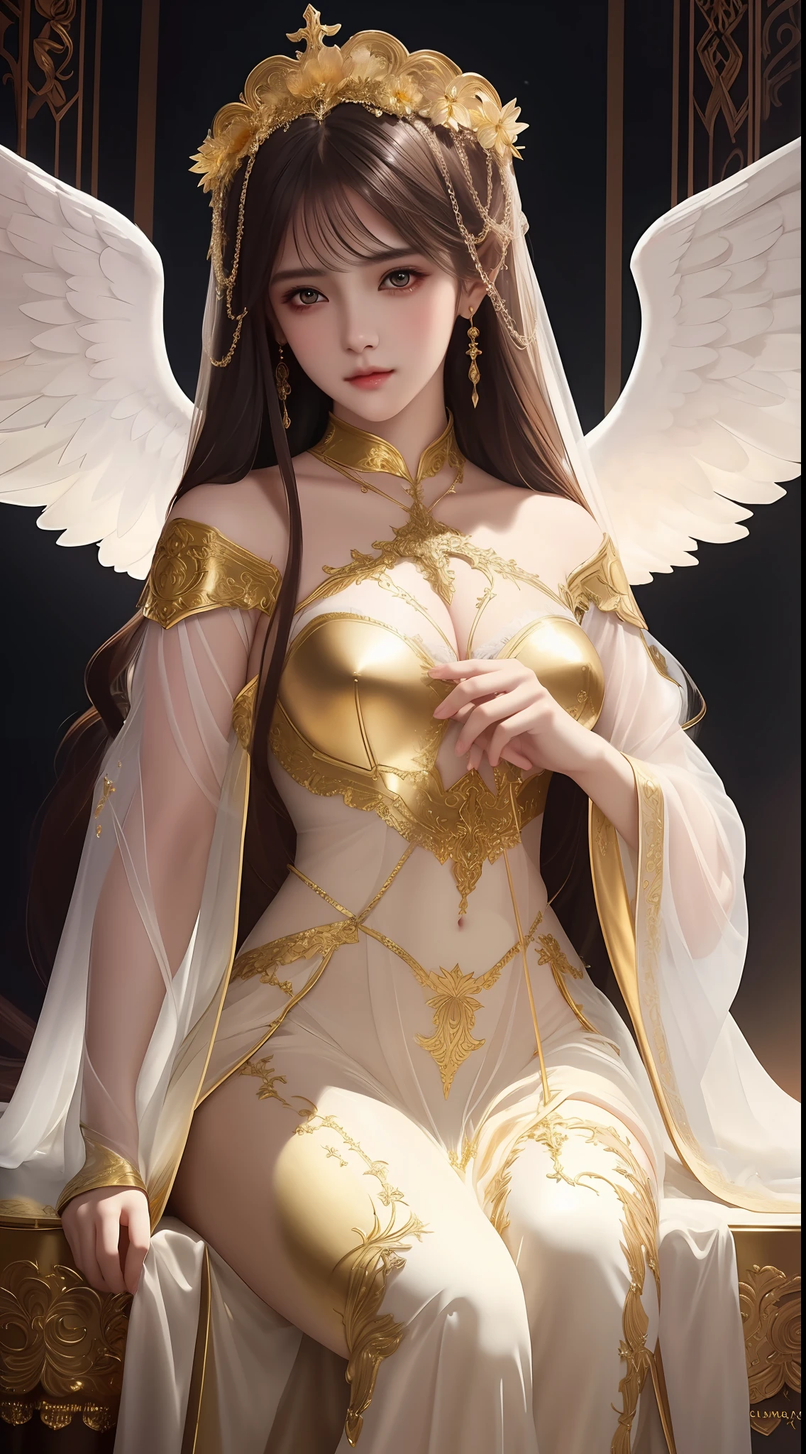 the perfect human model cute angelic girl posing, accurate details, detailed face, fantasy gold clothes, dramatic, intricate, elegant, highly detailed, digital painting, artstation, concept art, smooth, sharp focus, illustration, art by gustave dore, octane render, 4k