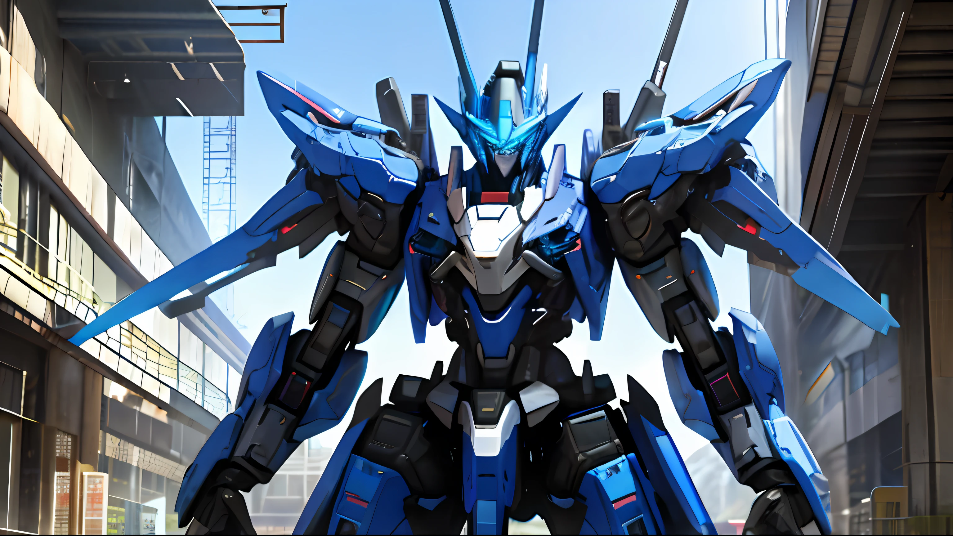 tmasterpiece,best qualtiy,mechs,NOhumans,full bodyesbian,Black Mech 1.5,Axisymmetric 1.4,HDR,Movie Light 1.1,eBlue eyes,scientific fiction,firey,Laser cannon beam,karo,conflict,Destroyed city background,handheldweapons,Armed with a huge weapon1.5,Blue exoskeleton suit。