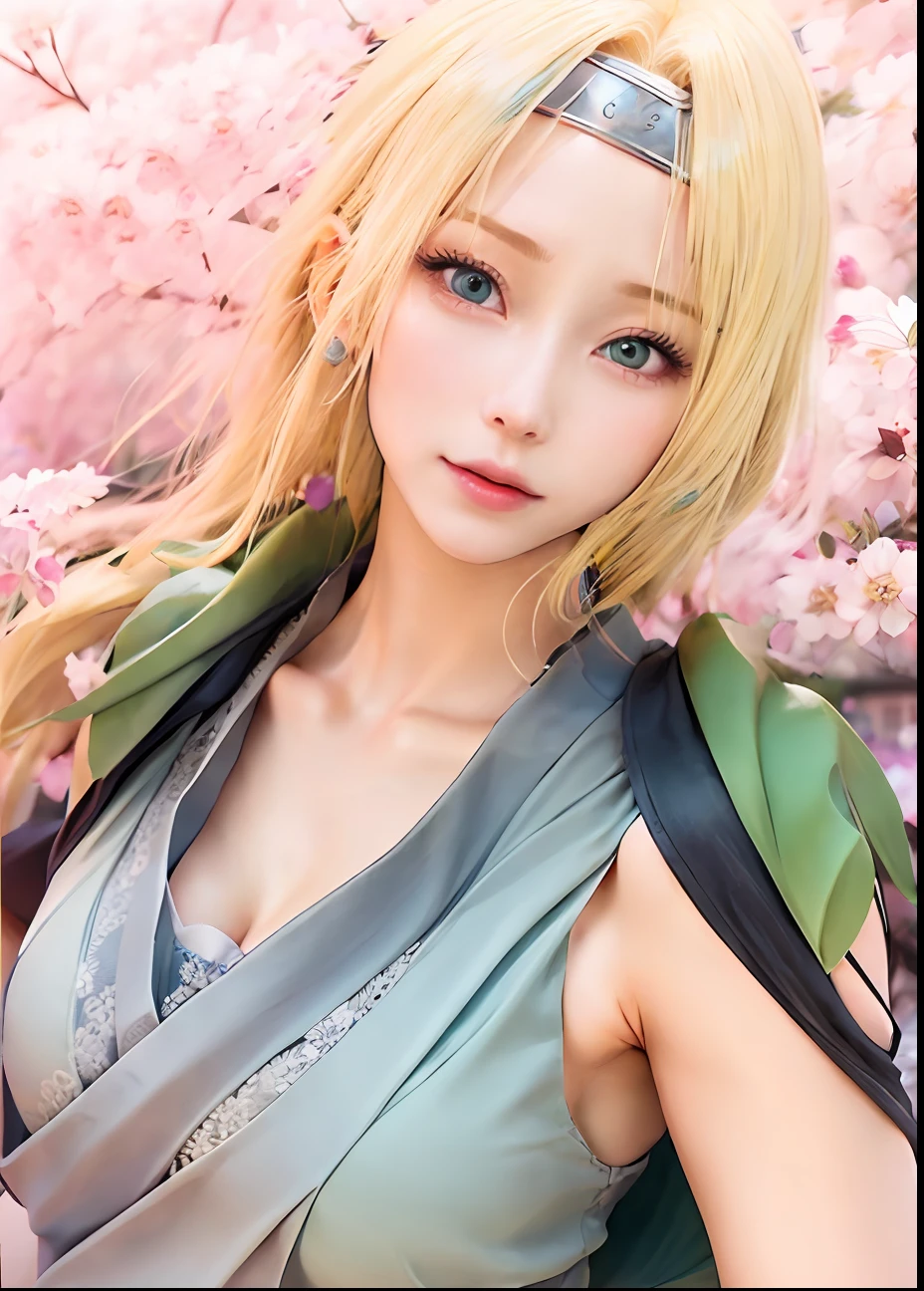 a woman with blonde hair and blue eyes in a green dress, tsunade from naruto, haruno sakura, sakura haruno, from naruto, rin, sakura haruno in slug sage mode, kunoichi, annie leonhart, looking like annie leonhart, female anime character, itatchi uchiha, naruto, rei hiroe, inspired by Maki Haku, realistic, ultra detail, city background