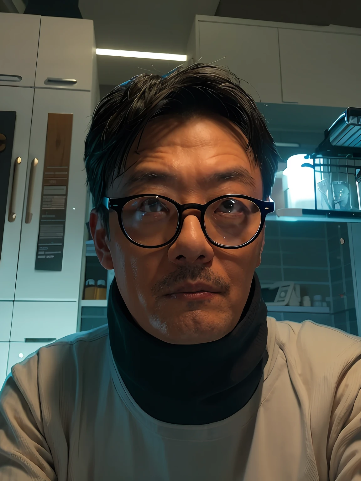 There is a man with glasses and neck brace sitting in the kitchen, taken in the early 2020s, Goggles around his neck, 5 0 years old man, 4 0 years old man, kojima, Neckup, man wearing a closed cowl, neck visible, 8K selfie photo, masahiro ito, wearing collar on neck, thick neck