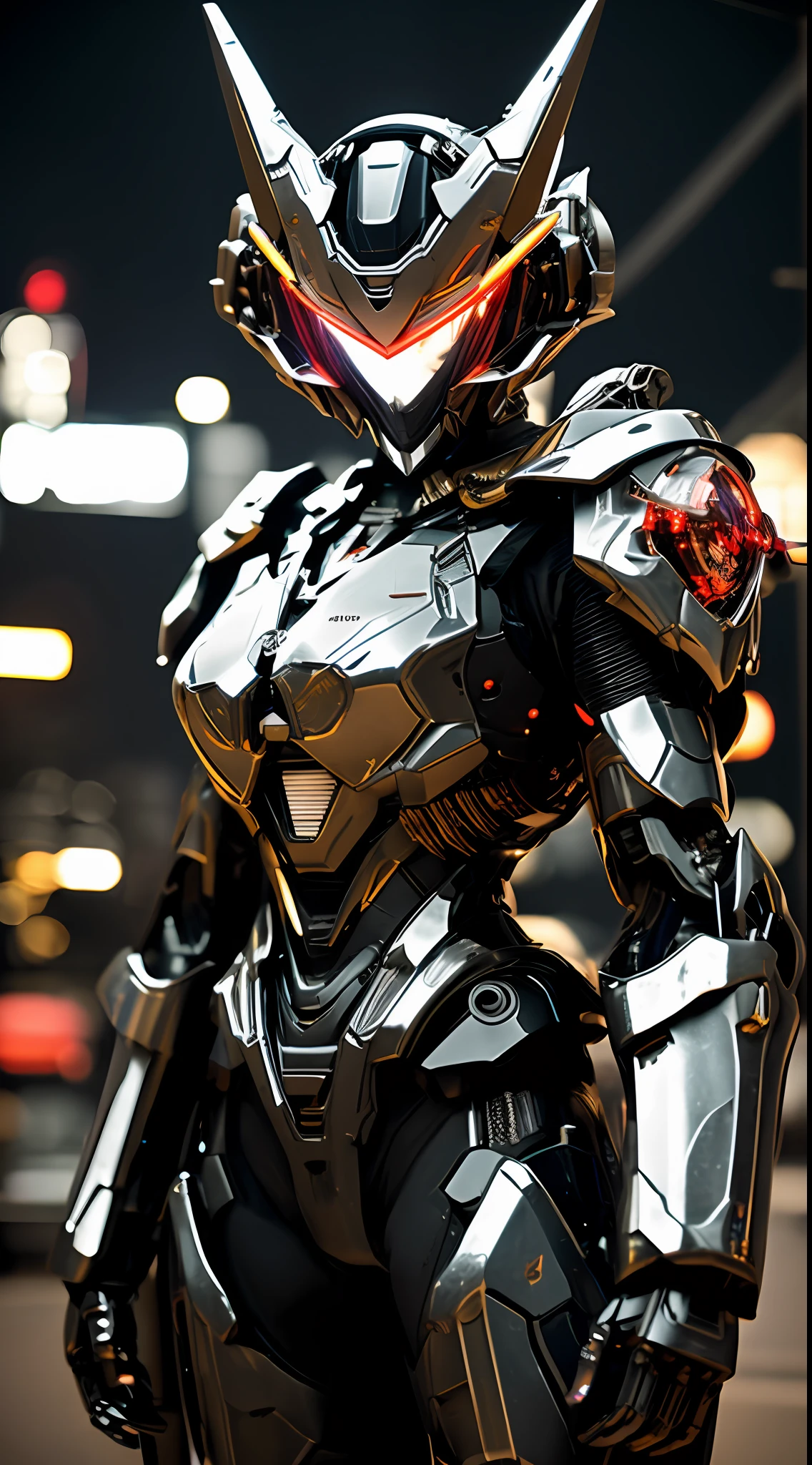 (Realistic: 1.2), masutepiece, Best Quality, ultra-detailliert, very detailed illustration, Very detailed, intricate detailes, High resolution, Super Intricate Details, extremely detailed 8k CG wallpaper, (neons: 1.2),1girl in, (Full metal body,Fiber optic body: 1.2), (Realistic metallic glow), cowboy lens, Caustics, Reflectors, Ray tracing, Devil theme, Silver and red body,Red body,Kamen Rider,Gundam,nebulas, Dark halo, Network Effects, (1 girl: 1.4), Solo, Mechawood Sumui, Mechanical parts, Robot joints, Single robot arm, Head dress, Mechanical halo, Star Halo, Complex mechanical tights, mecha corset, Kimono, fully armoured, ((Holding a large gun in your hand)),Red Eyes, Glowing eyes, Eye Track, Random expressions, Random movement, ancient japanese architecture, Ponds, Starry sky, sky line, (( Colossal tits:1.7 , low cut,Accentuated cleavage,perfectly proportions,Sensual female body,Overhanging udder)),城市,nighttime scene,natta,glowing sword in hand、With a big gun,cloaks