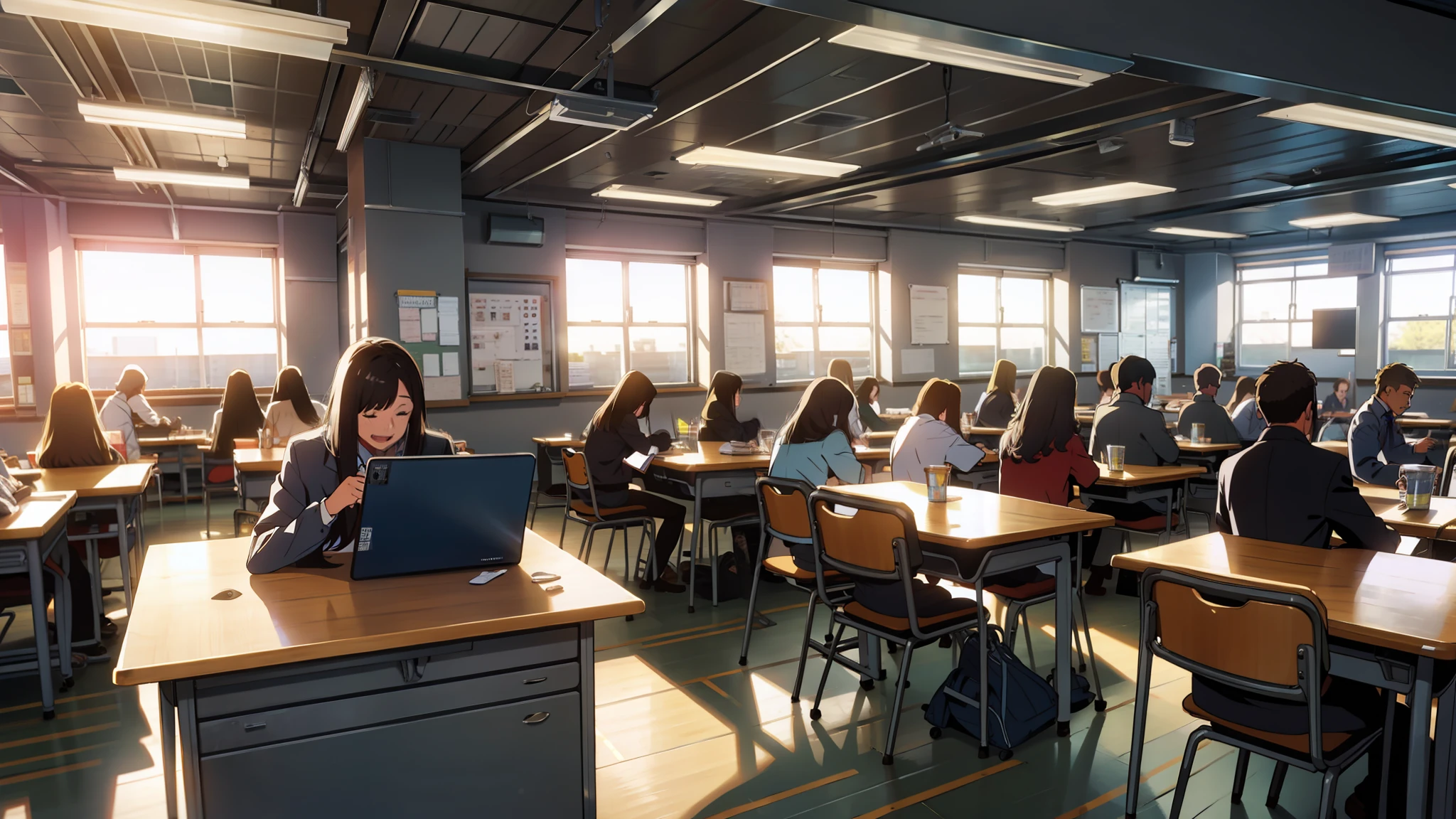 high school classroom，A group of people sit at their desks，Laugh