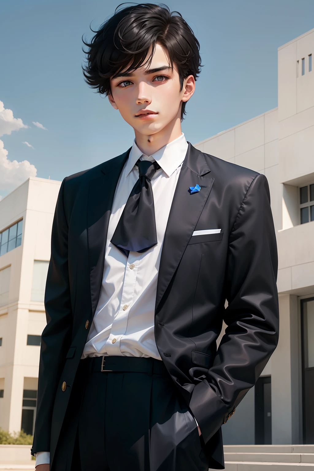 (tmasterpiece,best qualtiy),Young men,with short black hair,high school senior,Simple school uniform,the sky background,bluefire,Tender