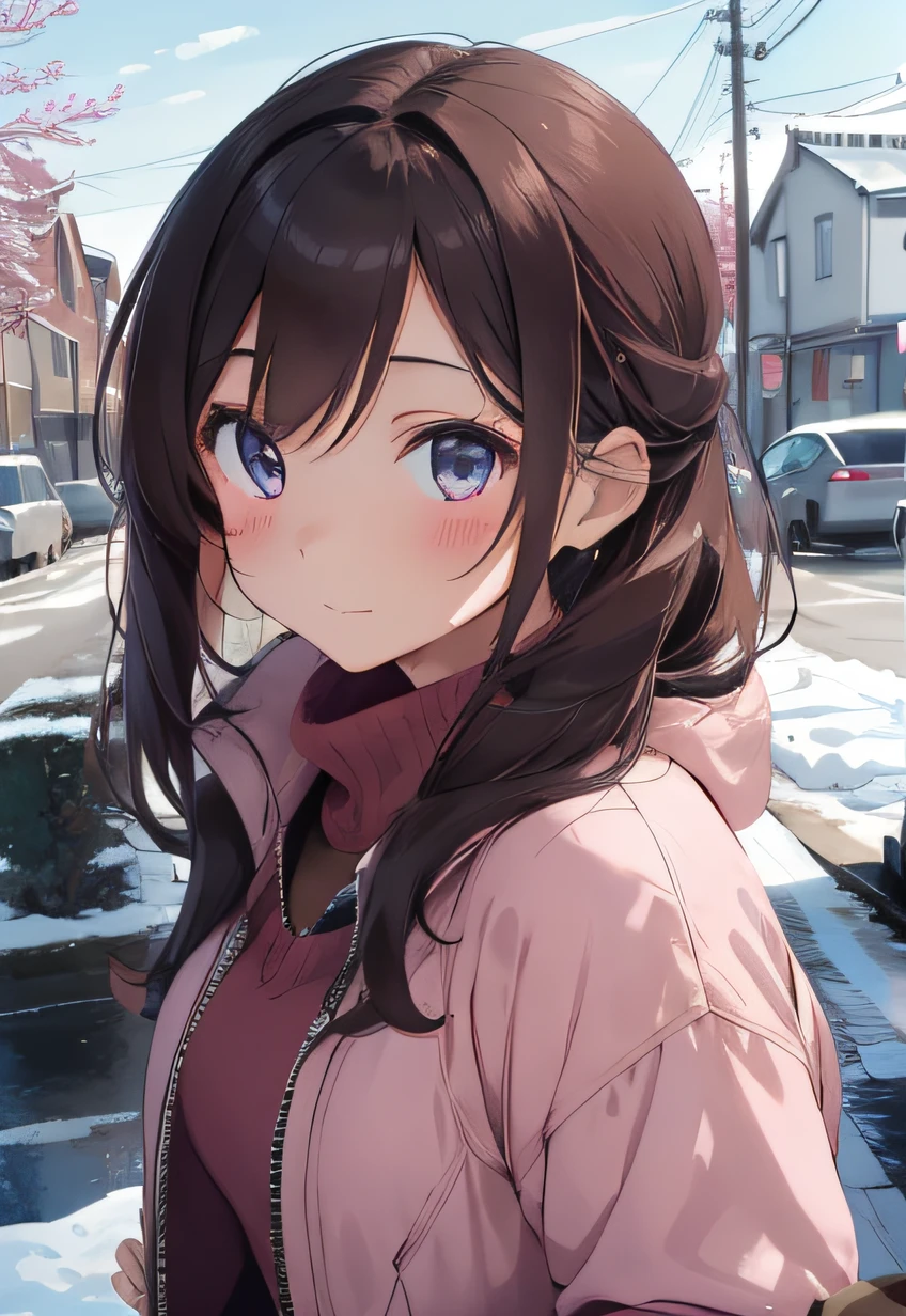 (masterpiece), best quality, expressive eyes, perfect face, create a breathtaking illustration of an anime girl with luscious brown hair, radiating beauty, cuteness, and undeniable charm. She is adorned in a stylish pink winter jacket that complements her features and accentuates her stunning presence. Place her in a serene winter landscape, with a backdrop of gently falling snow, creating a dreamy and enchanting atmosphere
