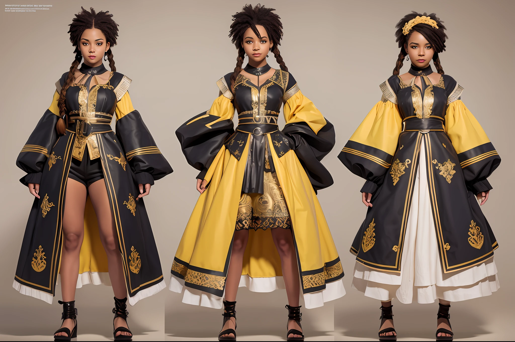 final art of a body head bahian afro brazilian girl,with braids and with a yellow gown,arms crossed,smiling looking with black eyes deelhado high quality character design, character design art, children's art in 3d rendering, highly detailed character design, cartoon concept art, character design, professional character design, character design concept art, colorful concept art design illustration, character concept art, stylized character design, [ character design
