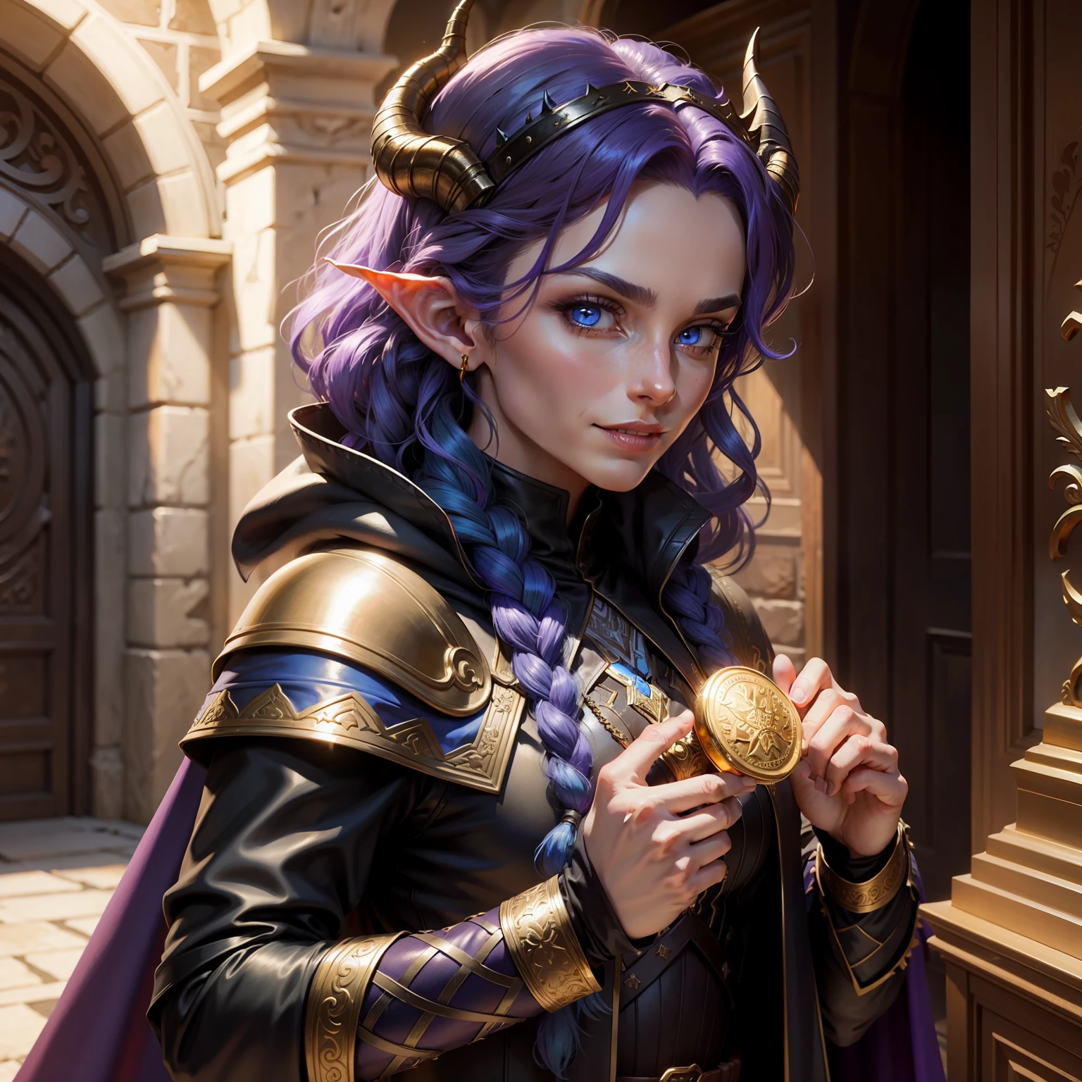 1 character，Epic fantasy style，1 beautiful woman who looks like the devil，The background is a whole bunch of treasure，The identity is an assassin，Purple curly braid，blue colored eyes，The expression on his face was a smug smile，It has black goat horns and elven ears on its head，Wears detailed leather armor and a cape with a hood，Holding a gold coin in his hand，detail-rich，tmasterpiece