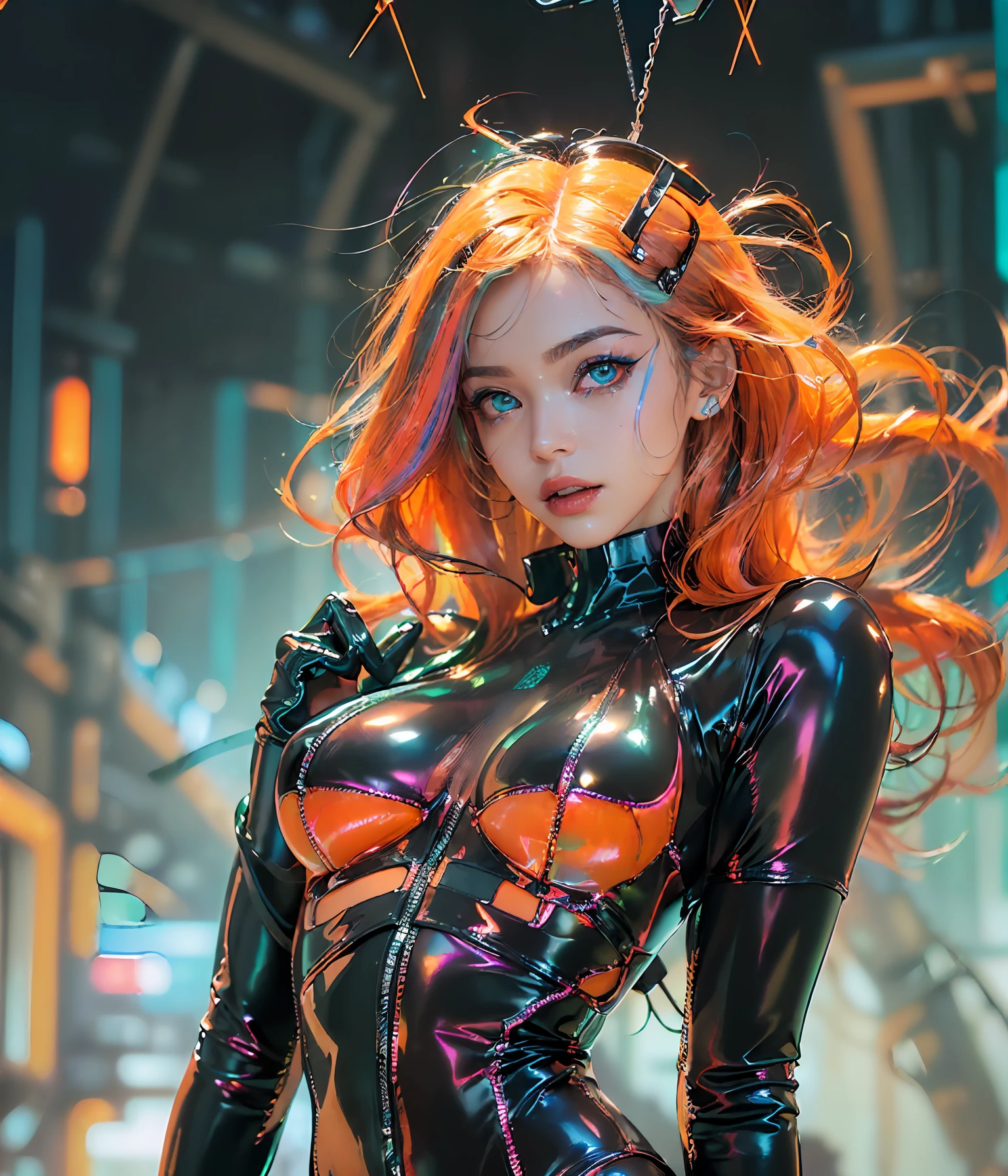 (((Perfect Portrait shot of Girl))), ((extremely long flowing curly fluorescent Orange cyberpunk hair)), best image quality, masterpiece, super high resolution, (fidelity:1.4), photo, (((1 girl))) dim, darkness, movie, (translucent futuristic black outfit and clothes:1.5), (translucent clothes:1.4), ((cyberpunk)), cyber gear, ((robot)), apocalypse, futuristic, (((overly large hanging breasts))), ((perfect and sharp facial features ((portrait)), (((dynamic shot))), ((perfect body)), ((award winning super realistic photo)), (((extremely tight reflective shiny latex))), textured pastel color background, colourful, vibrant, ((gorgeous perfect multicoloured reflective eyes))