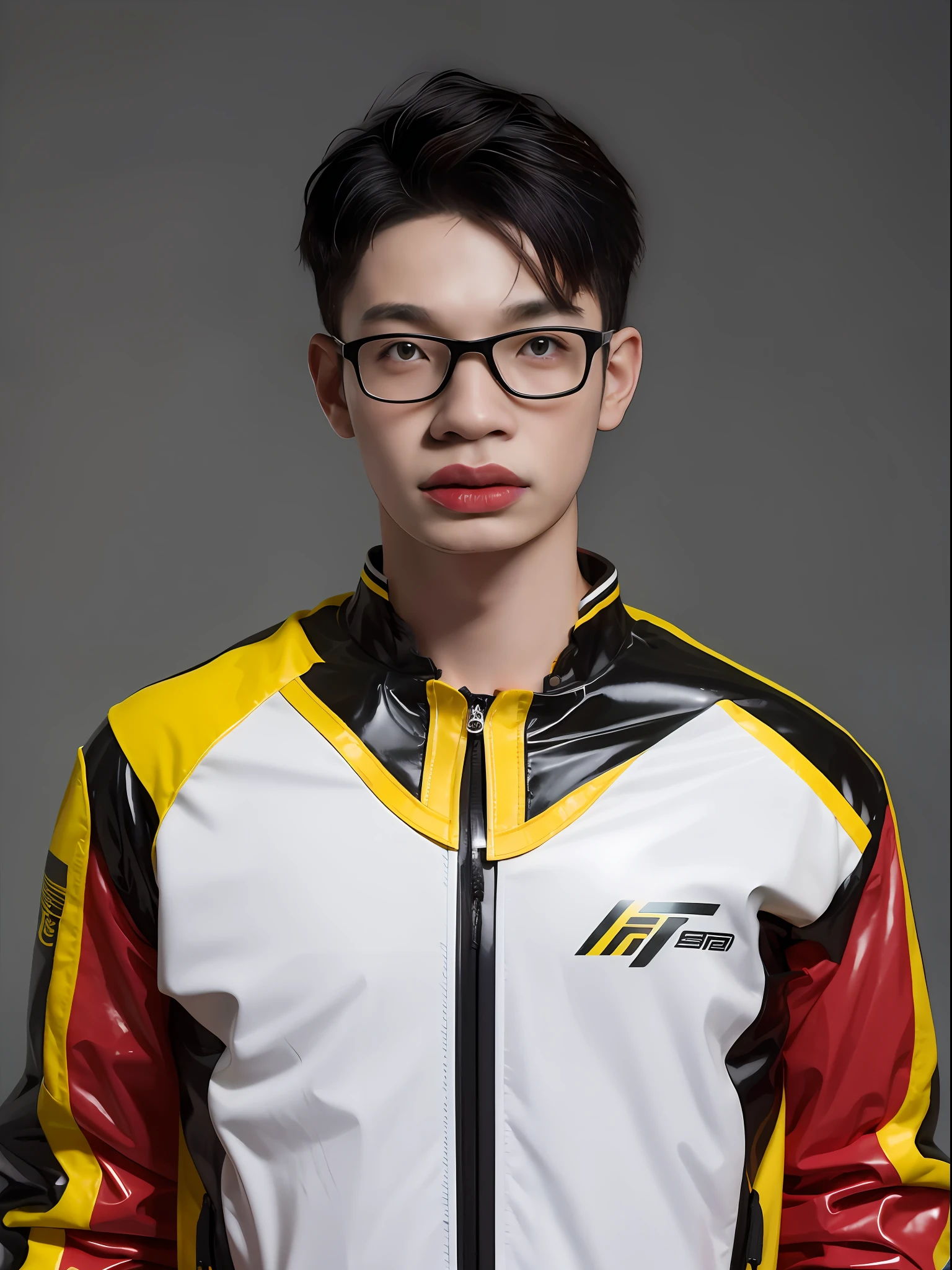 A 16-year-old Chinese male high school student，Wearing a PVC yellow motorcycle suit，There are zippers，There are hats，greybackground