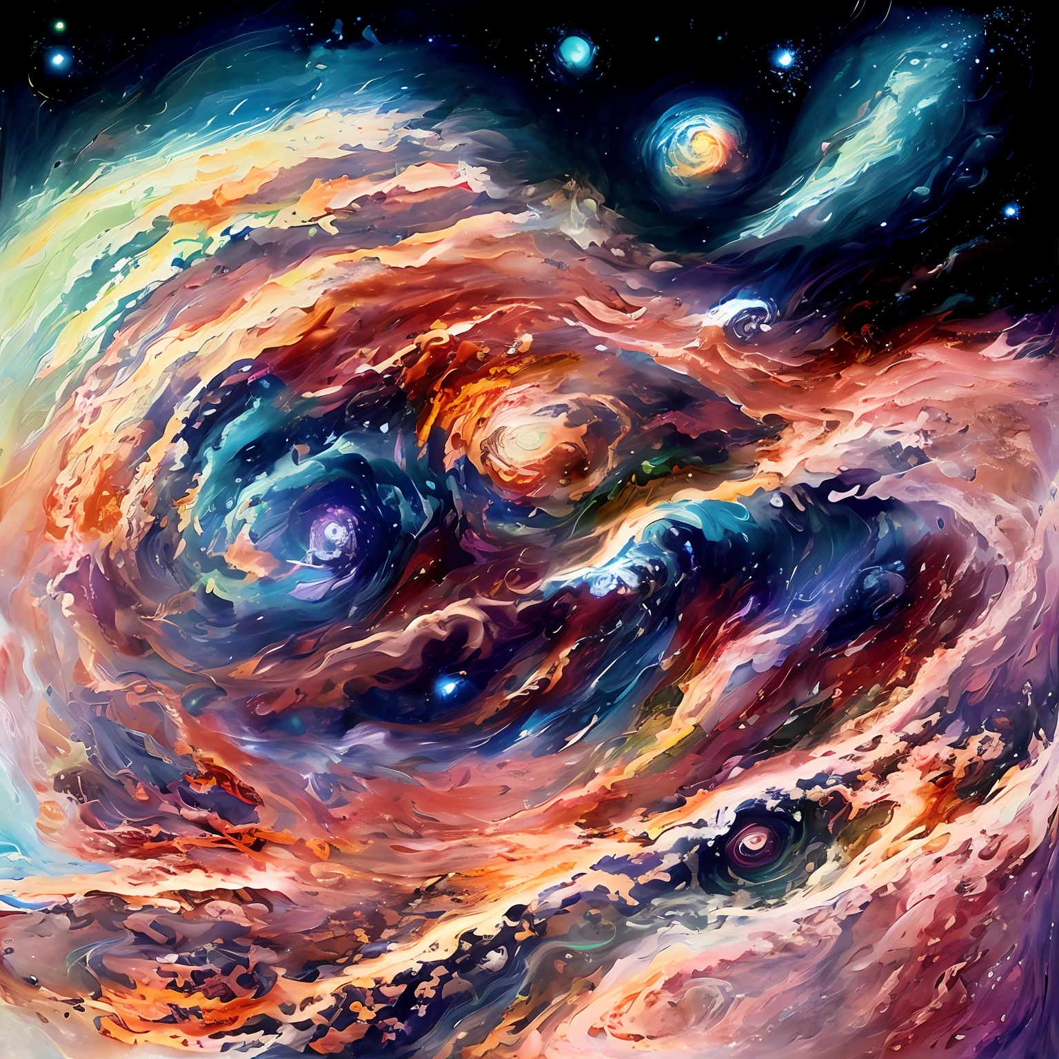 Depict a swirling spiral of color in dark space, nebulas swirls, The vast universe, whirling nebulas, swirling water cosmos, view of the cosmos, galactic landscape, swirling galaxies, view of the cosmos, colorful torn nebulas, cosmic cataclysm, milky ways, science fantasy painting, cosmic space, space clouds, celestial collision