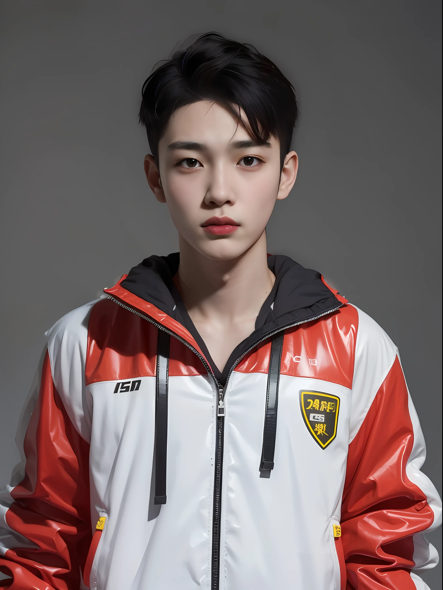 A 16-year-old Chinese male high school student,Wearing a PVC yellow motorcycle suit,There are zippers,There are hats,greybackground