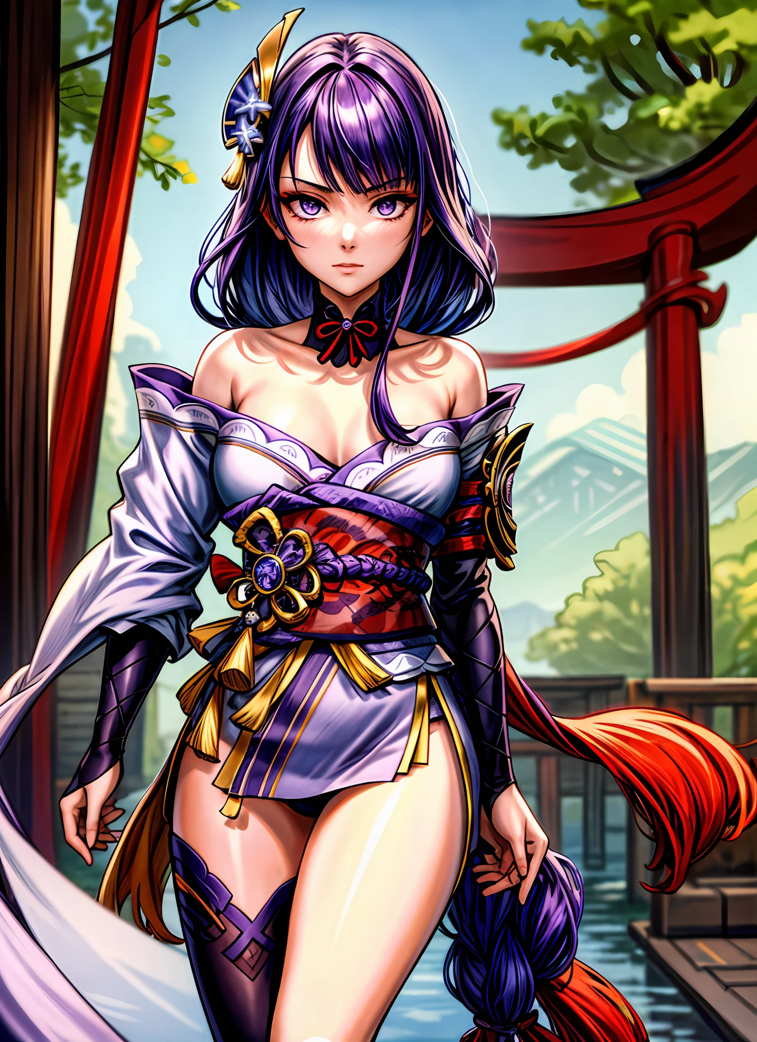 （Masterpiece,Best quality, 8K ,art  stations,the wallpaper,offcial art, Splash Art,tack sharp focus,1 masterpiece, Best quality）,（full bodyesbian:1.3）,Raiden Shogun (Genshin Impact), long whitr hair，Purple braid, 1 girl solo, Slim little kimono，Purple stockings，The clothes slipped off the shoulders， floating object,复杂，ellegance，（Torii background:1.2），（anatomy correct，beauitful face，Solo exhibition）