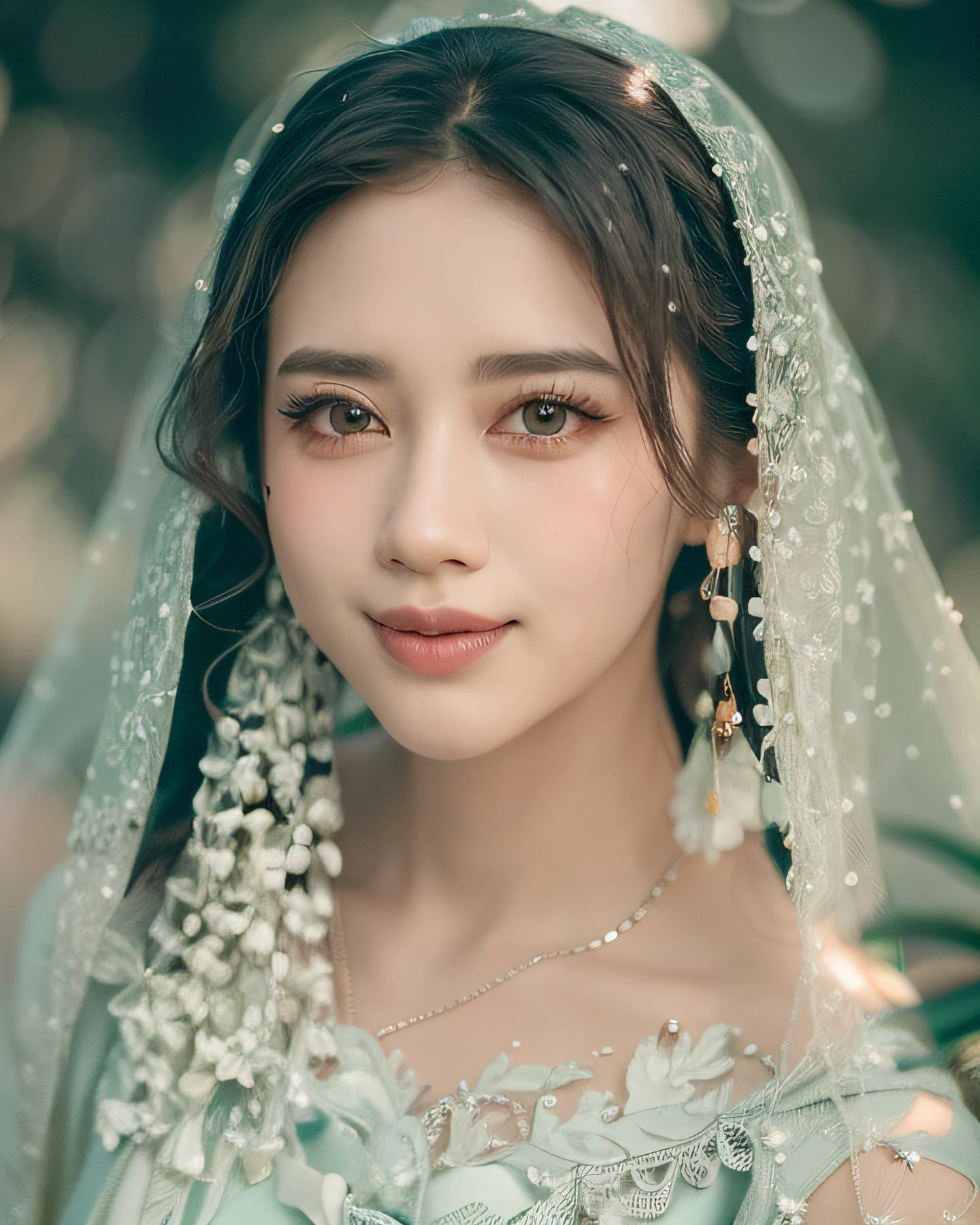 A closeup of a woman wearing a veil and a veil with flowers in her hair, semi realismo, noiva, Directed by: Basuki Abdullah, com maquiagem profissional, tradicional, 🤬 🤮 💕 🎀, vinda, inspirado em Sasha Putrya, arte tradicional, Hana Alisa Omer, bolo, beleza tradicional, tom verde claro rosto bonito, beleza de cair o queixo, maquiagem