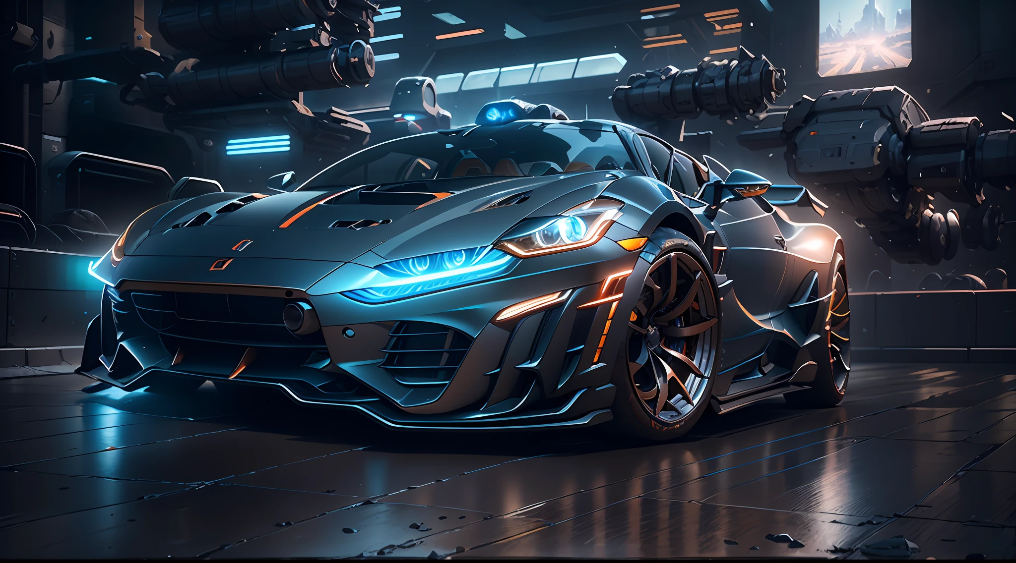 A sports car，mechs，Background cyberpunk，Best picture quality，High chiaroscuro，Cinematic texture，C4D render，Sharpen 1.4，Strong realism，The metal material is real，High detail and ultra-high image quality1.5，16K resolution，