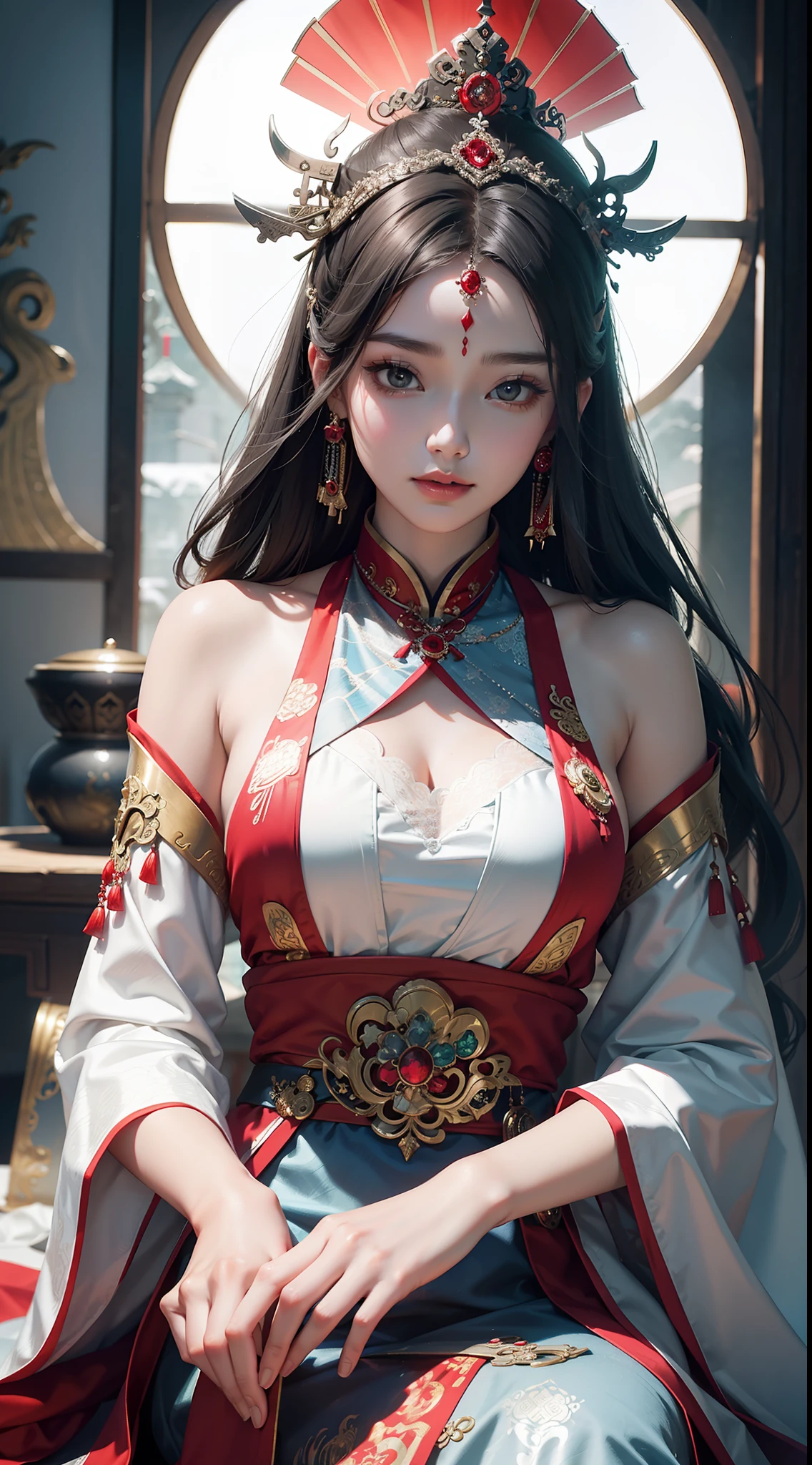 Close-up of a woman wearing a silver intricate headdress hat and red dress,Beautiful décor，glittery，Intense light and shadow， Guviz, intricate ornate anime cgi style, Guviz-style artwork, Inspired by Ai Xuan, Palace ， A girl in Hanfu, guweiz masterpiece, Beautiful rendering of the Tang Dynasty, inspired by Zhang Xuan, Zhang Jingna，a sense of atmosphere