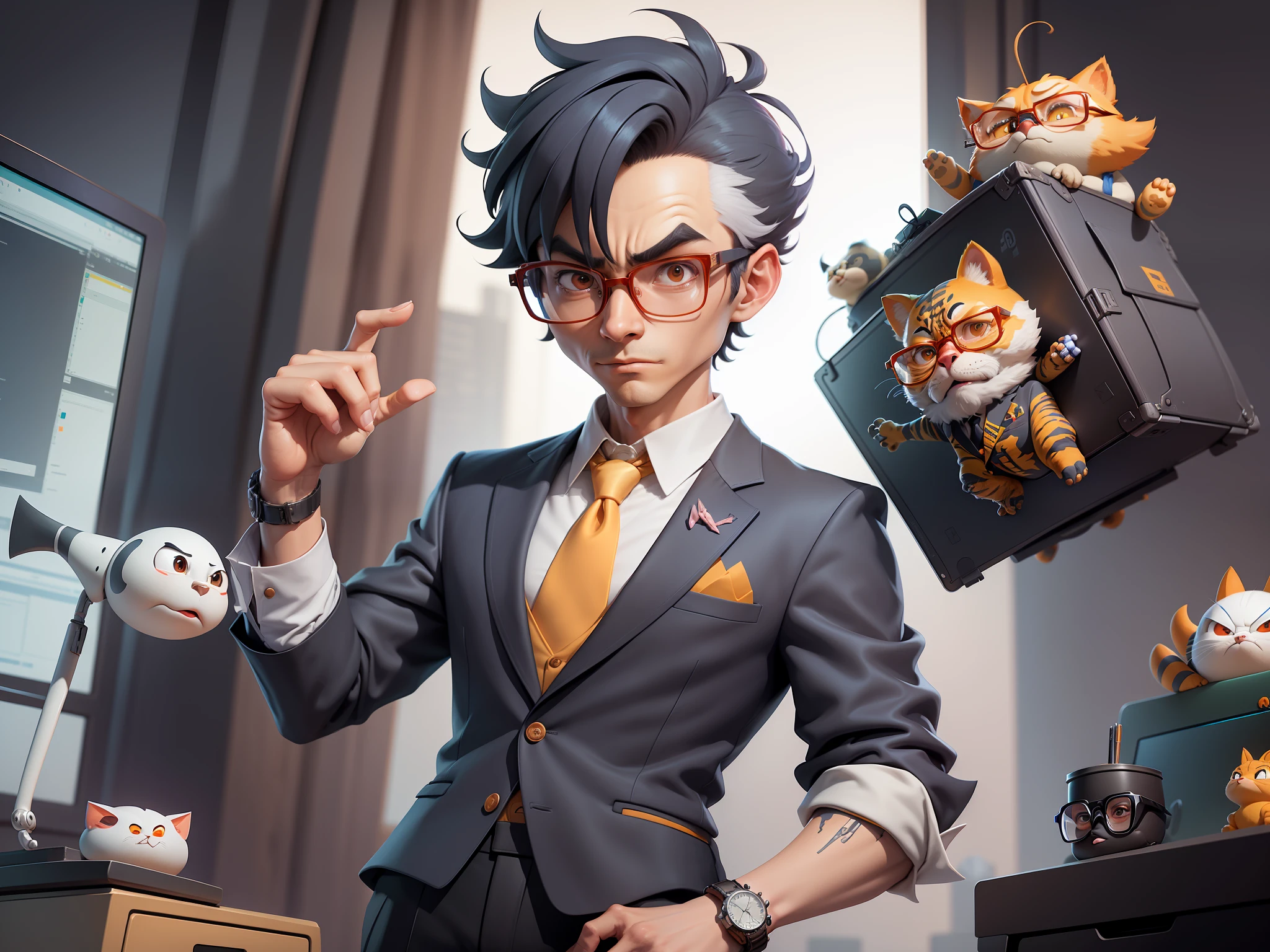 A young man in a suit and pants, Short hair and glasses sat at his desk,holding laptop,digitial painting,tigre,3D character design by Mark Clairen and Pixar and Hayao Miyazaki and Akira Toriyama,4K HD illustration,Very detailed facial features and cartoon-style visuals。
