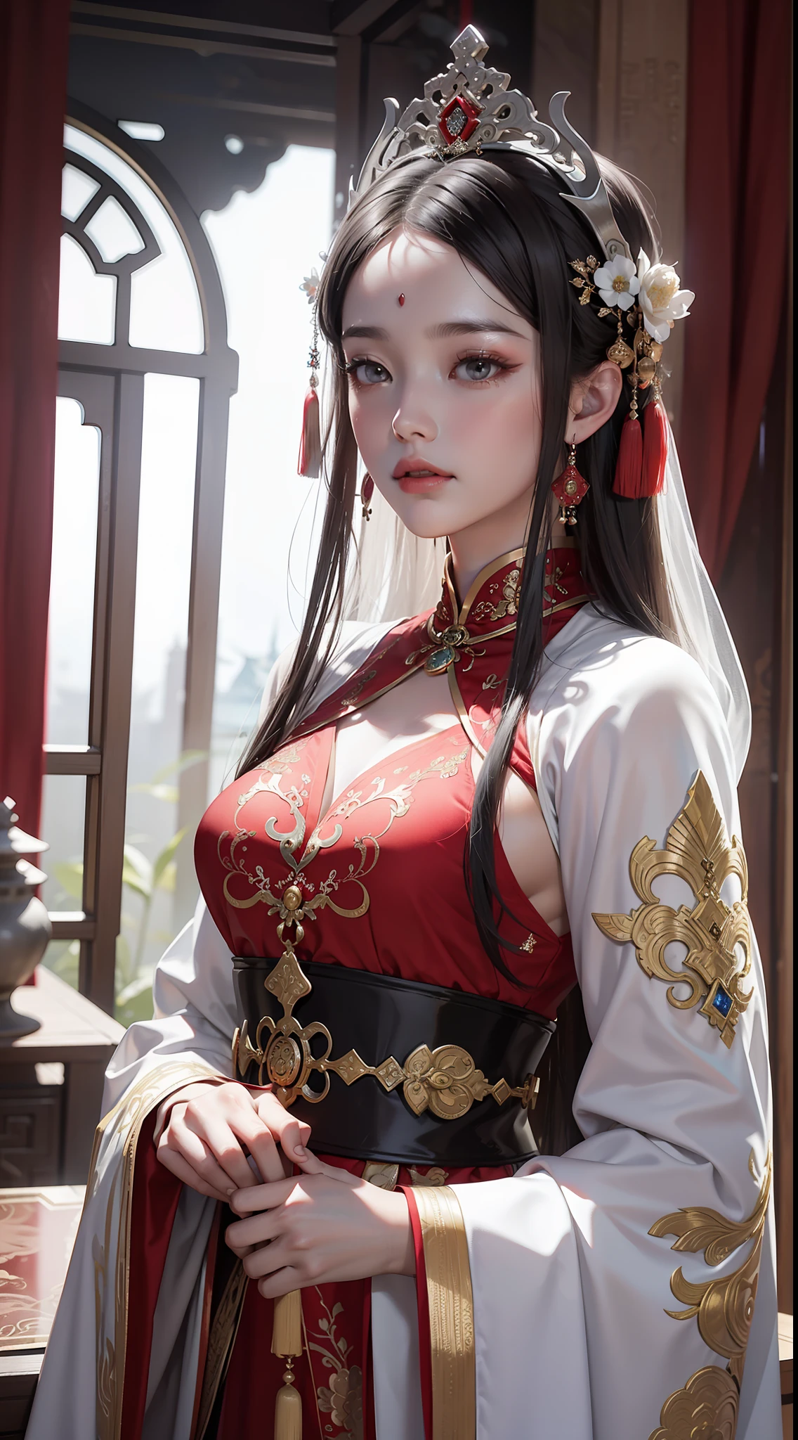 Close-up of a woman wearing a silver intricate headdress hat and red dress,Beautiful décor，glittery，Intense light and shadow， Guviz, intricate ornate anime cgi style, Guviz-style artwork, Inspired by Ai Xuan, Palace ， A girl in Hanfu, guweiz masterpiece, Beautiful rendering of the Tang Dynasty, inspired by Zhang Xuan, Zhang Jingna，a sense of atmosphere