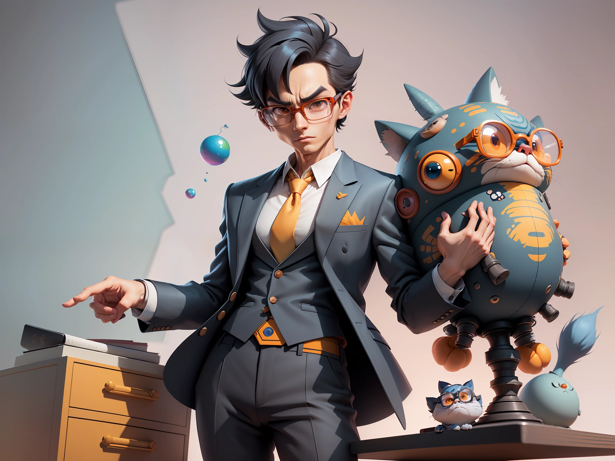 A young man in a suit and pants, Short hair and glasses sat at his desk,holding laptop,digitial painting,tigre,3D character design by Mark Clairen and Pixar and Hayao Miyazaki and Akira Toriyama,4K HD illustration,Very detailed facial features and cartoon-style visuals。