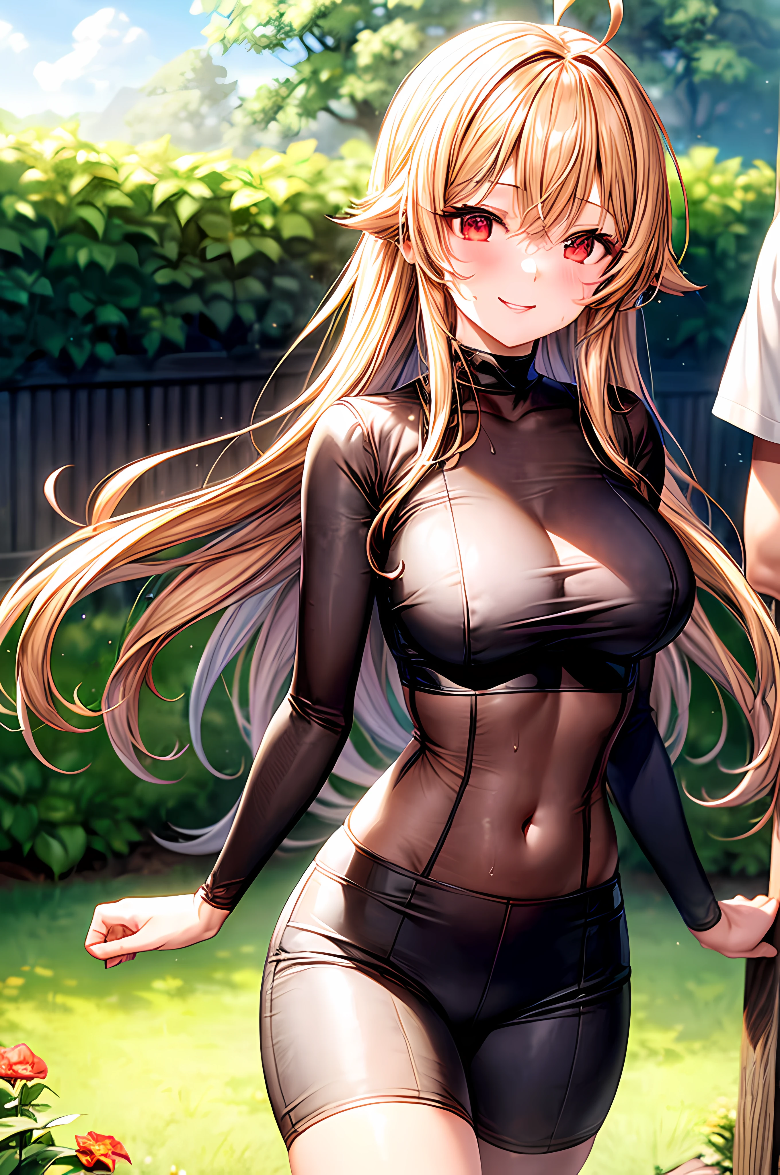 1girl, dd cups, yellow hair, ahoge, long hair, red eyes, mesh outfit, sweaty body, perfect body, focus face, gardens, looking at the viewer, smile, add_detail:1