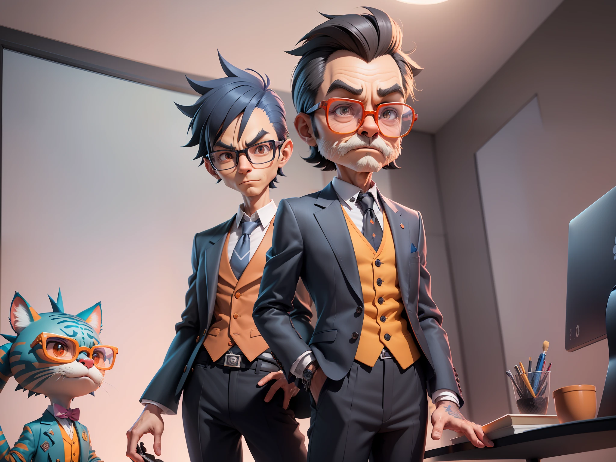 A young man in a suit and pants, Short hair and glasses sat at his desk，holding laptop，digitial painting，tigre，3D character design by Mark Clairen and Pixar and Hayao Miyazaki and Akira Toriyama，4K HD illustration，Very detailed facial features and cartoon-style visuals。