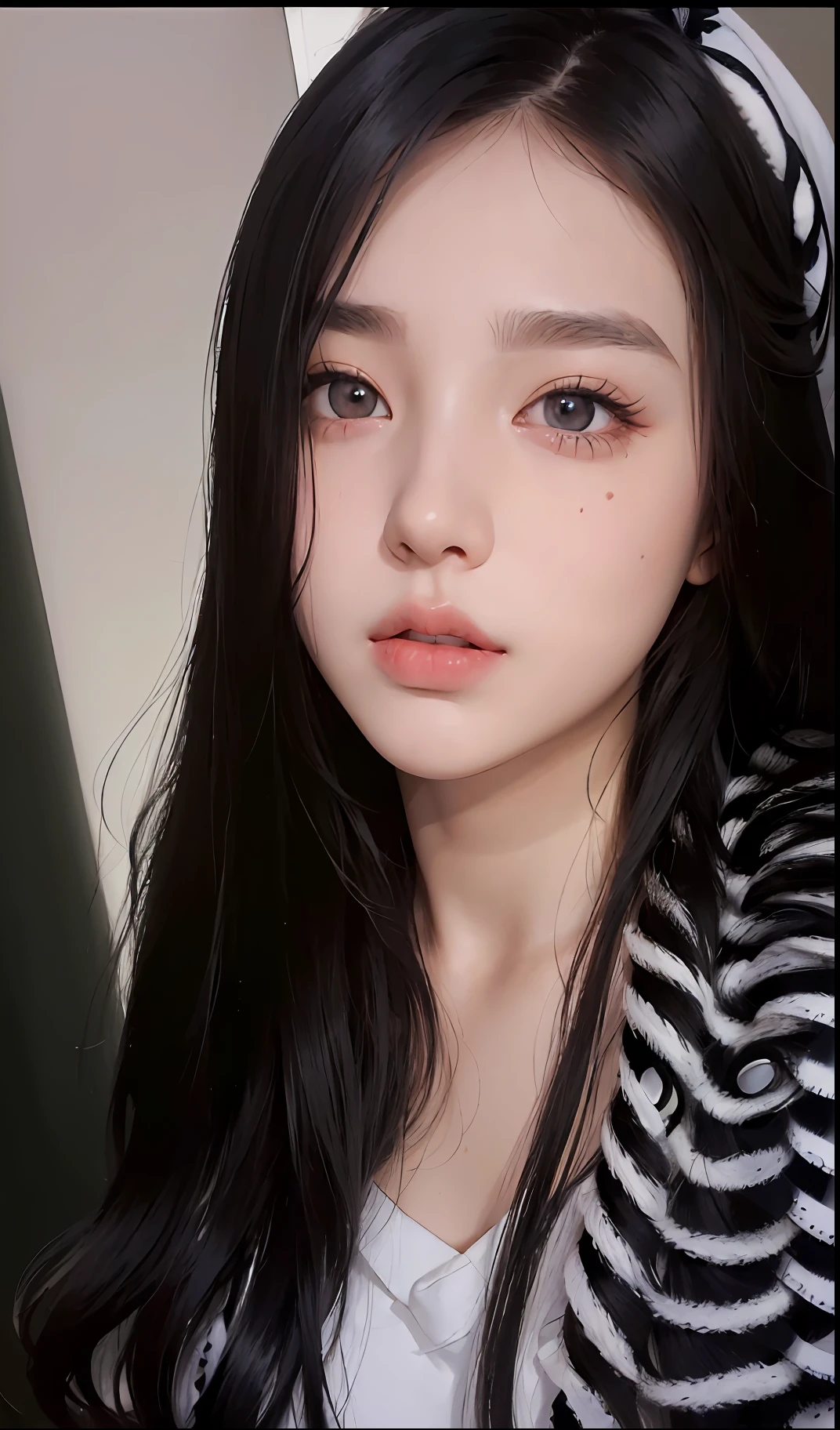 (Masterpiece, Photorealistic, High Resolution), ((1girl):1.2), Korean, ((white wavy hair):1.3), (Heterochromia eyes:1.1, Thick eyebrows, small mole below eye), (white open hoodie, black gym shorts), ((medium breast):1.2, small waist, large thighs), sitting on bed, headscarf