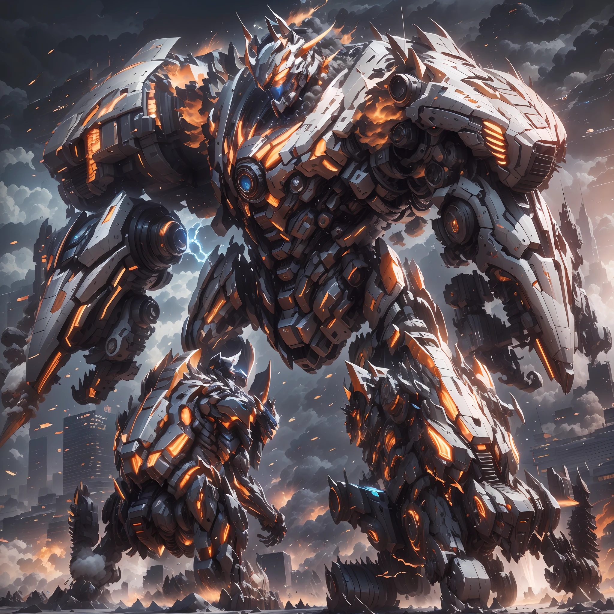 （Super mech sports car）、chariot，Sports cars，Back with a large amount of energy short barrels，Face the camera，Buildings、Energy cannon fire、Tall and mighty、strong armor、future-tech、Sharp lines、Dynamic styling、Mechanical joints、Armor plates、sensor、Energy weapons、Blazing energy、Light shining、Explosive effect、Smoke and dust filled the air、Tense atmosphere，（rendering by octane：1.4），best qualtiy，（Highly realistic），（Ultra-detailed details：1.5），c4d渲染，movie-level quality