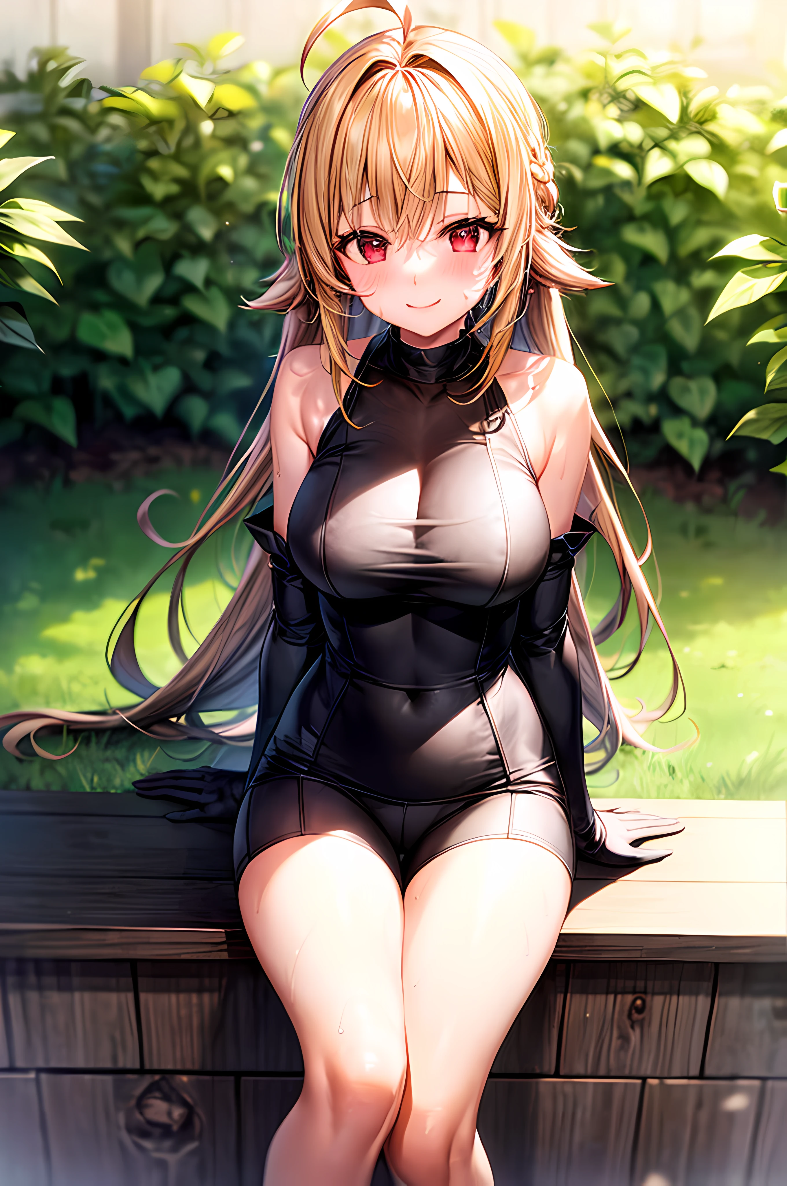 1girl, dd cups, yellow hair, ahoge, long hair, red eyes, mesh outfit, sweaty body, perfect body, focus face, gardens, looking at the viewer, smile, add_detail:1