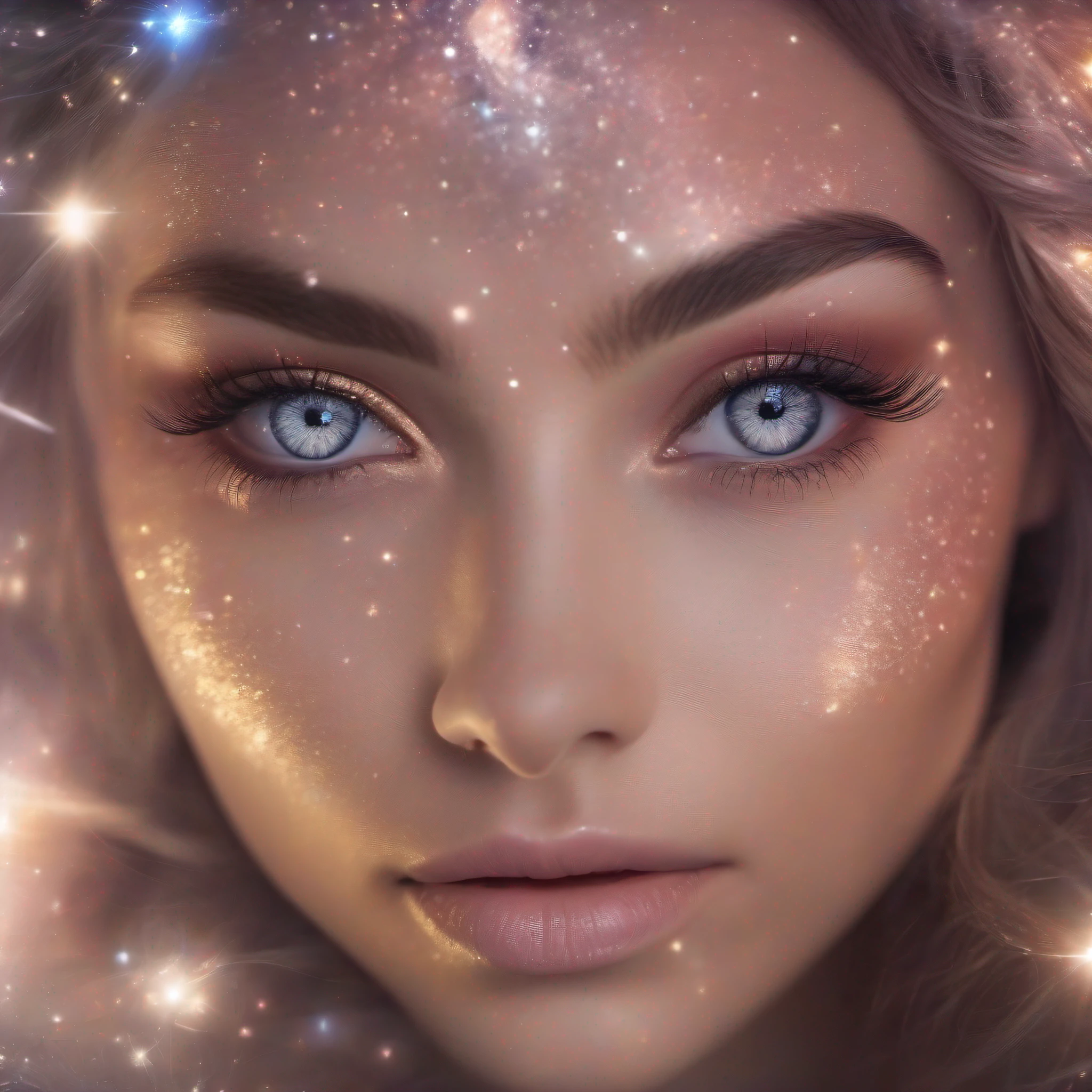 fazer a imagem de um rosto feminino com galaxias e estrelas do universo, imagem destacando os olhos da figura formada por estrelas e galaxias, image with dense lighting , com brilhos e efeitos de nebulosa compondo a imagem, ultra realista, 8k, cinematografic,