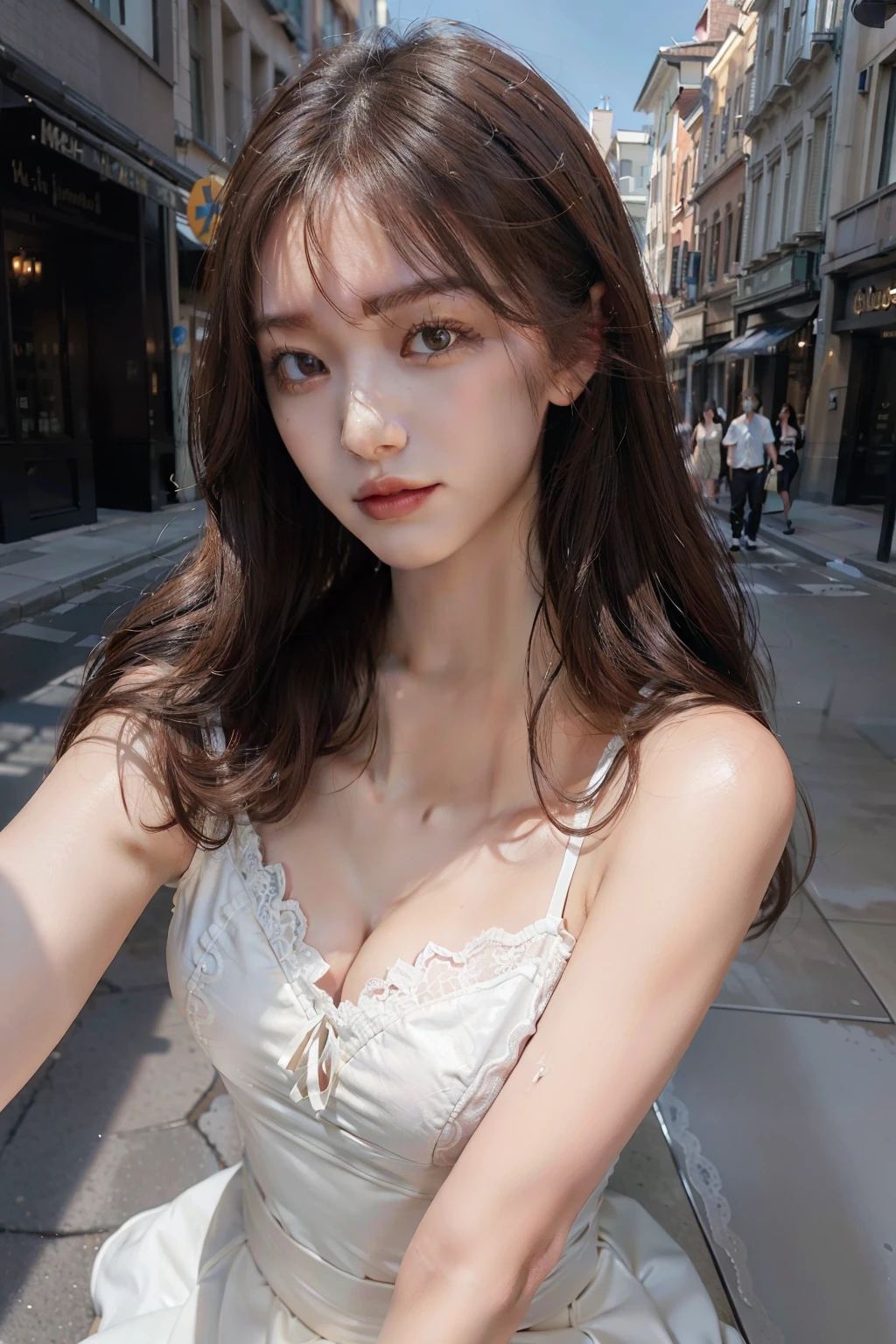 ((top-quality、8k、​masterpiece:1.3))、1girl in、a smile、full bodyesbian、Slim Faces、Pretty women、(dark brown  hair)、Full-length dresses:1.1、hyperdetailed face、A detailed eye、二重まぶた、blured background、Slim Faces、城市、takeout、a street、(brown haired)、natural beauty、up close shot、vibrant background、Soft lighting、Minimalistic makeup。