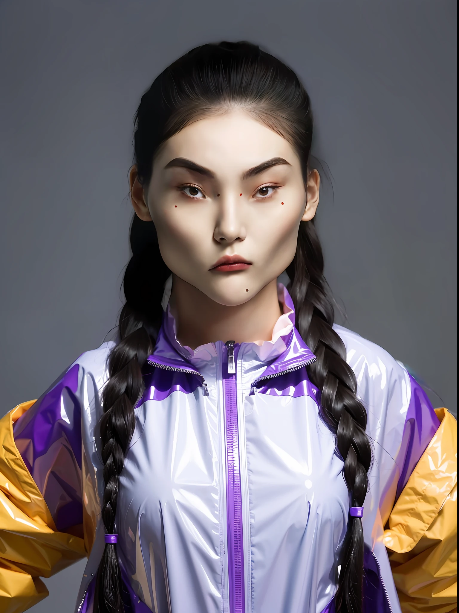 A Chinese high school girl,Wear a PVC raincoat,There are zippers,hair purple,Braid