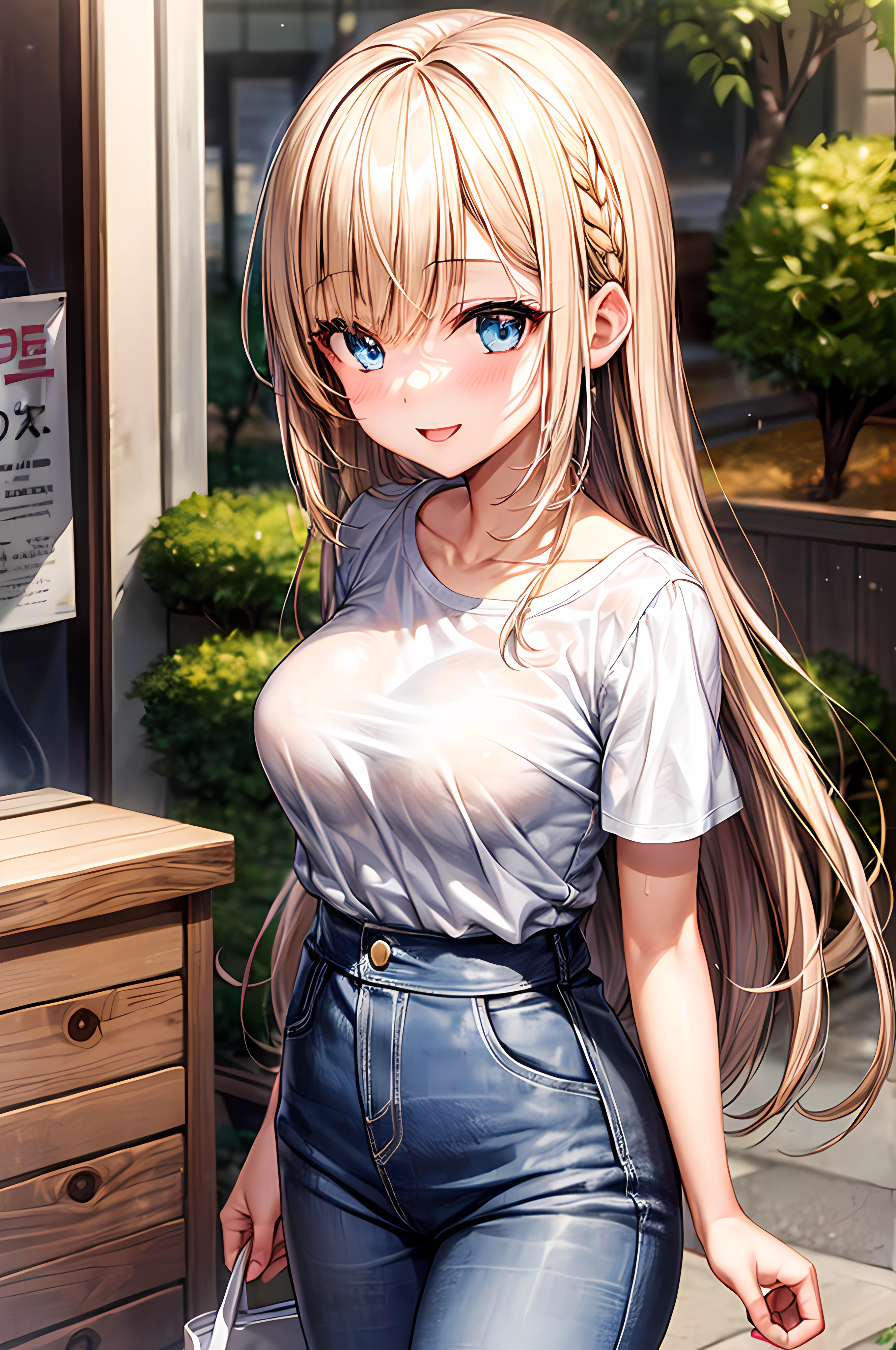 1girl, medium breast, brown yellow hair, korean hair bangs, long hair, blue eyes, casual outfit, perfect body, focus face, tokyo city, looking at the viewer, smile, add_detail:1