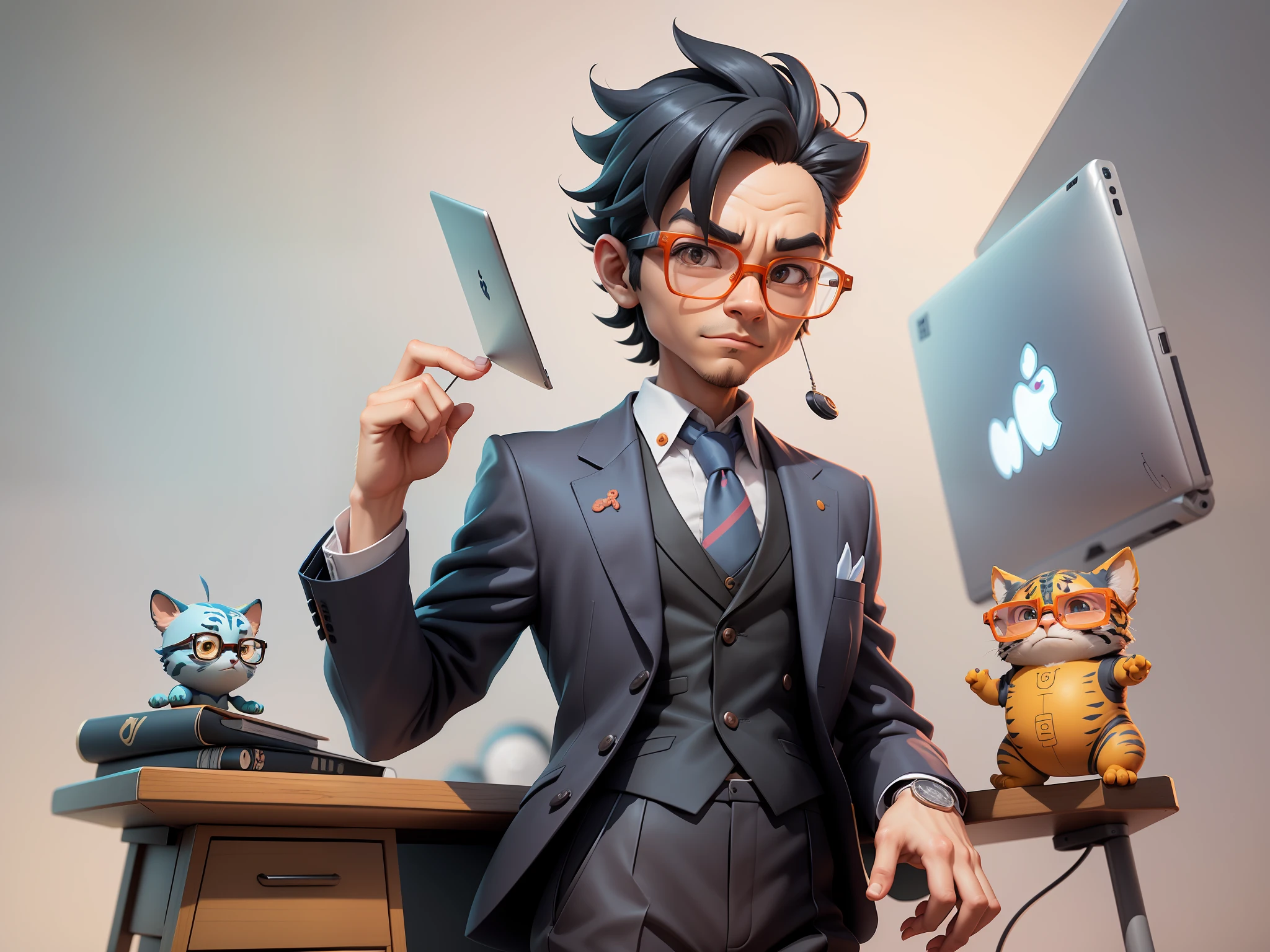 A young man in a suit and pants, Short hair and glasses sat at his desk,holding laptop,digitial painting,tigre,3D character design by Mark Clairen and Pixar and Hayao Miyazaki and Akira Toriyama,4K HD illustration,Very detailed facial features and cartoon-style visuals。