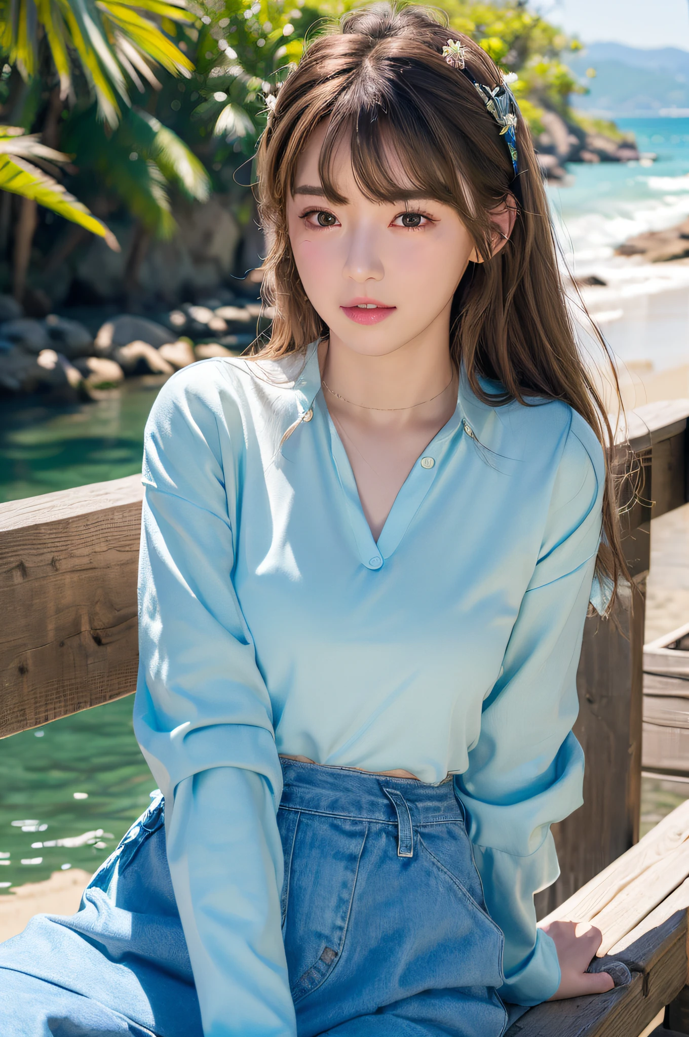 ((masterpiece)),((best quality)),absurdres,
1girl, sitting _cowgirl position, pov, long skirt,
(beach:1.1), sunlight, (half-closed eyes:0.4), (parted lips:1.4), (nose blush:1.2), light smile,