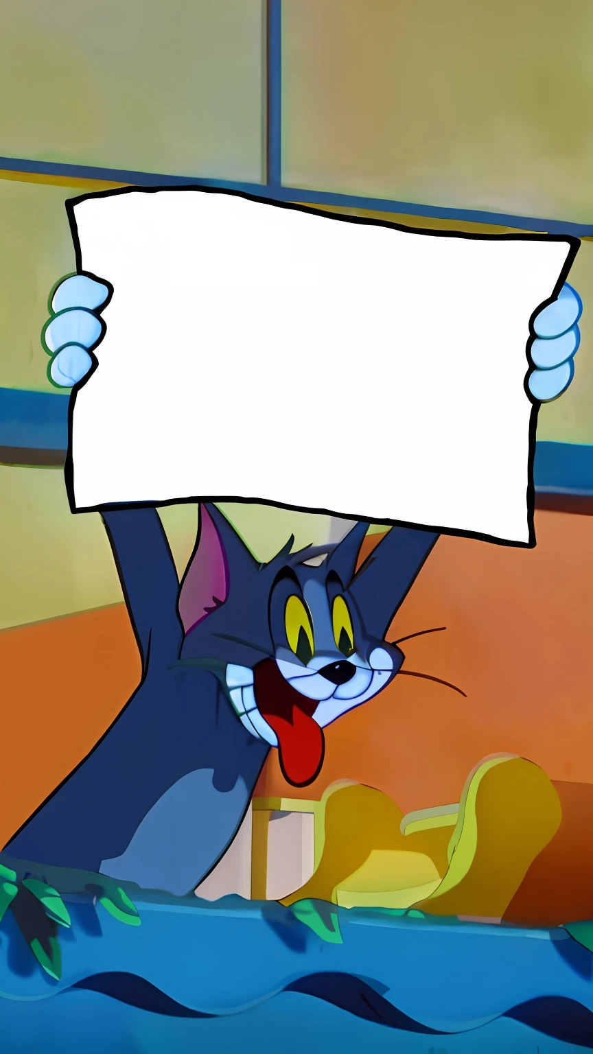 Cartoon cat holding a sign in the pool, Tom and Jerry, shaded animation cel, Jerry, loony toons style, ash, blackboard in background, smokey, Cartoon image, felix the cat, movie screen shot, vantablack, elokitty, genndy tartakovsky, vantablack chiaroscuro, film still from an cartoon