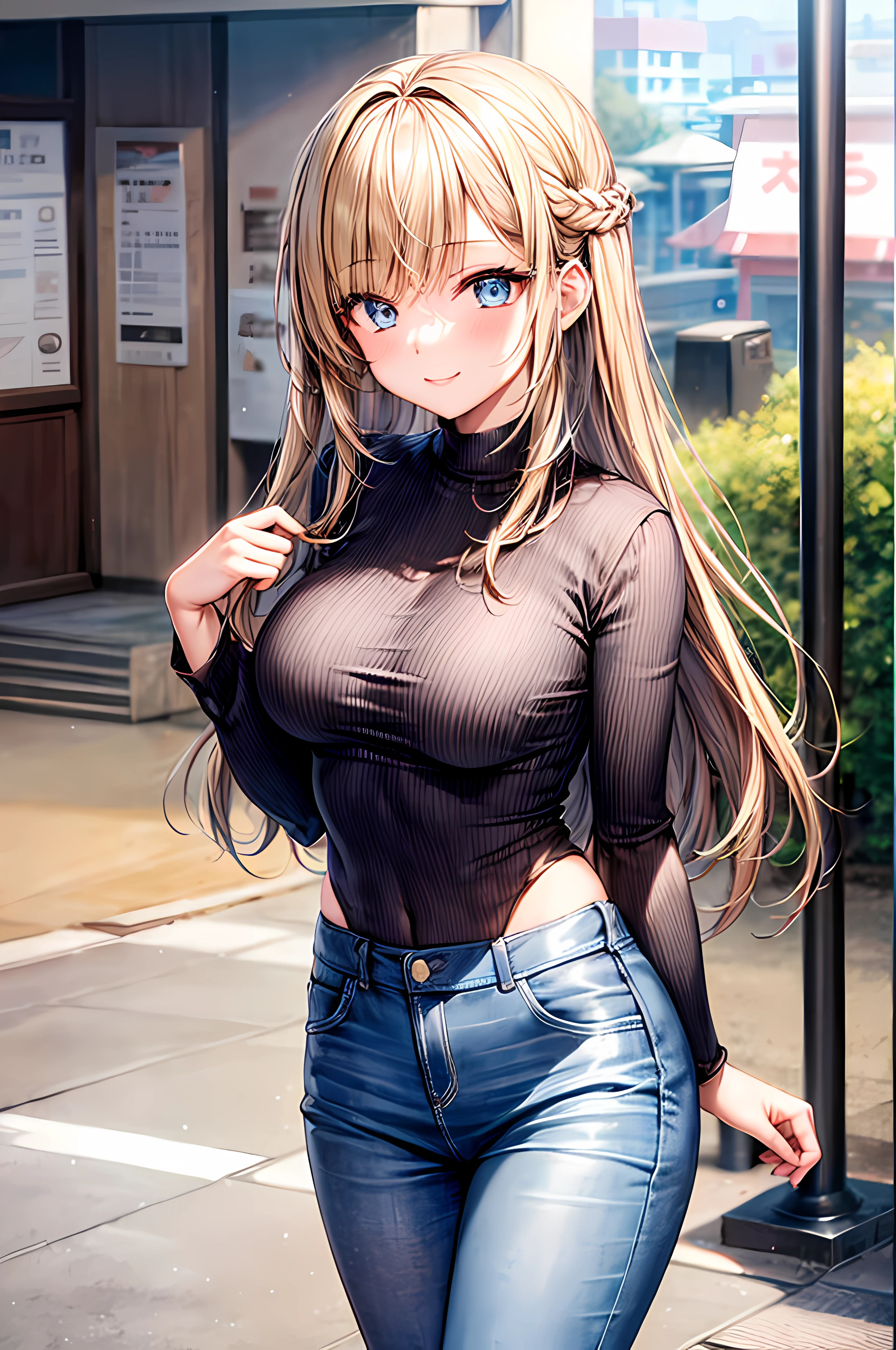 1girl, medium breast, brown yellow hair, korean hair bangs, long hair, blue eyes, casual outfit, perfect body, focus face, tokyo city, looking at the viewer, smile, add_detail:1